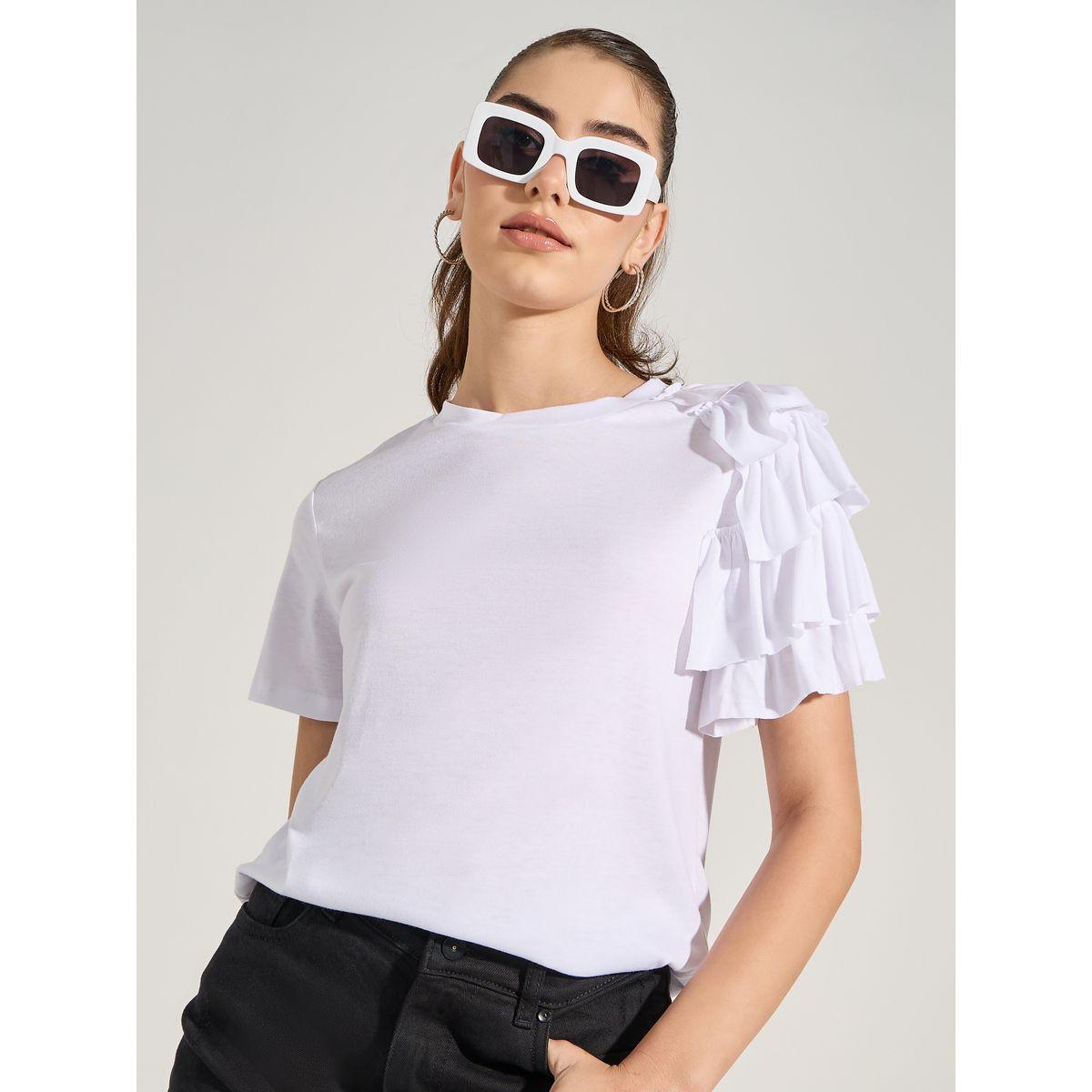 Styli Solid Asymmetrical Ruffle Trim Top-women-clothing-shirtsandblouses-blouses-image-1