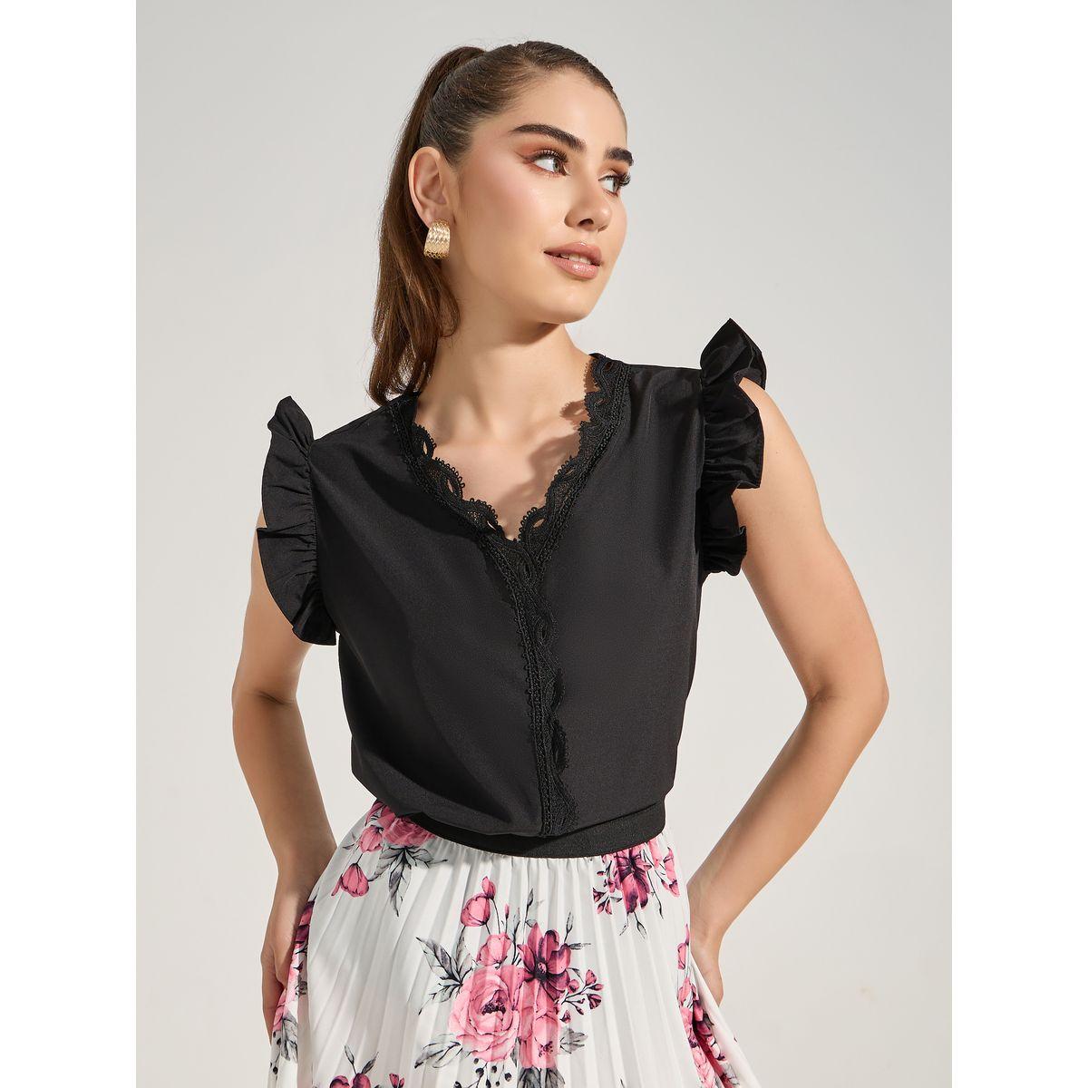 Styli Solid Lace Insert V Neck Blouse-women-clothing-shirtsandblouses-blouses-image-1