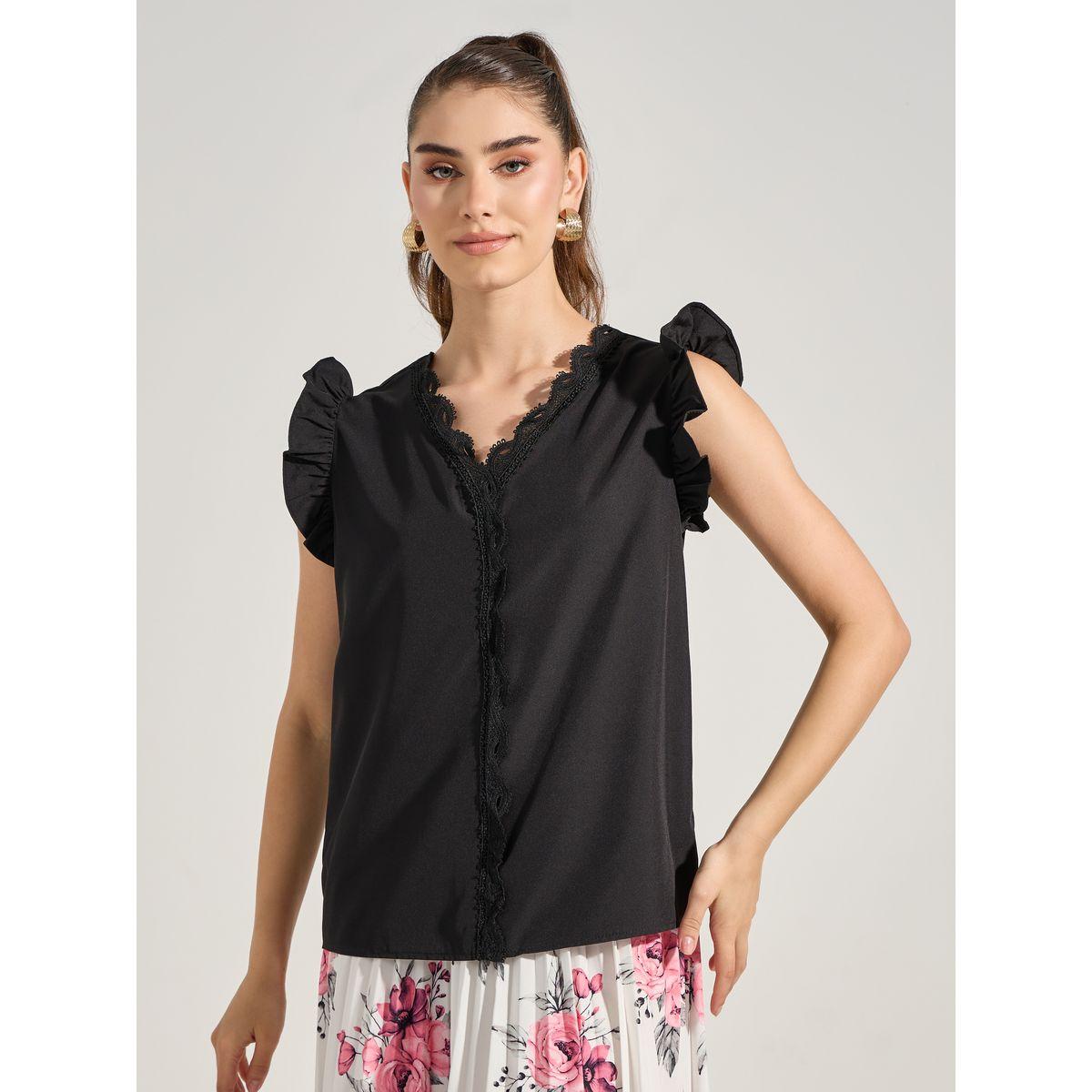 Styli Solid Lace Insert V Neck Blouse-women-clothing-shirtsandblouses-blouses-image-3