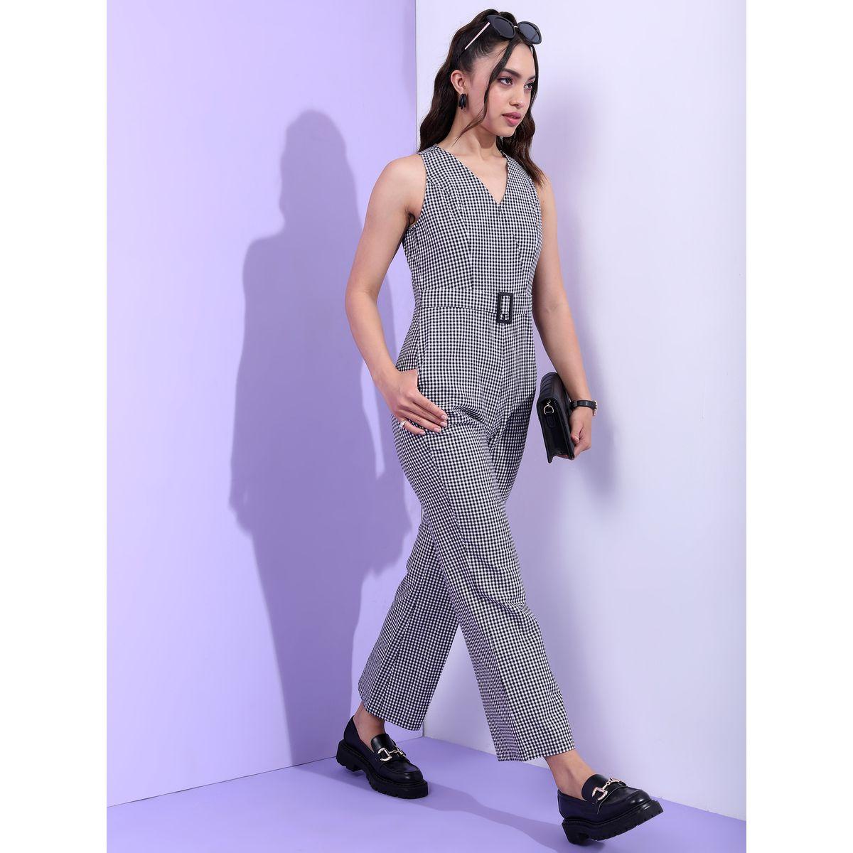 Tokyo Talkies X Styli  Gingham Checked Cotton Jumpsuit with Belt Detail-women-clothing-jumpsuits-image-1