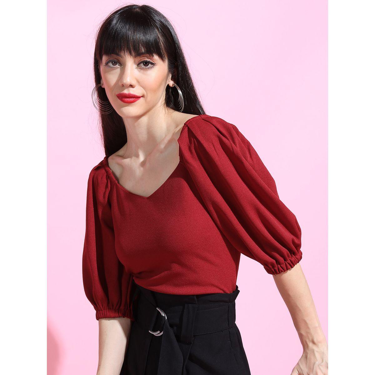 بلوزة كريب بياقة على شكل قلب واكمام منفوخة طوكيو توكيز × ستايلي-women-clothing-shirtsandblouses-blouses-image-1