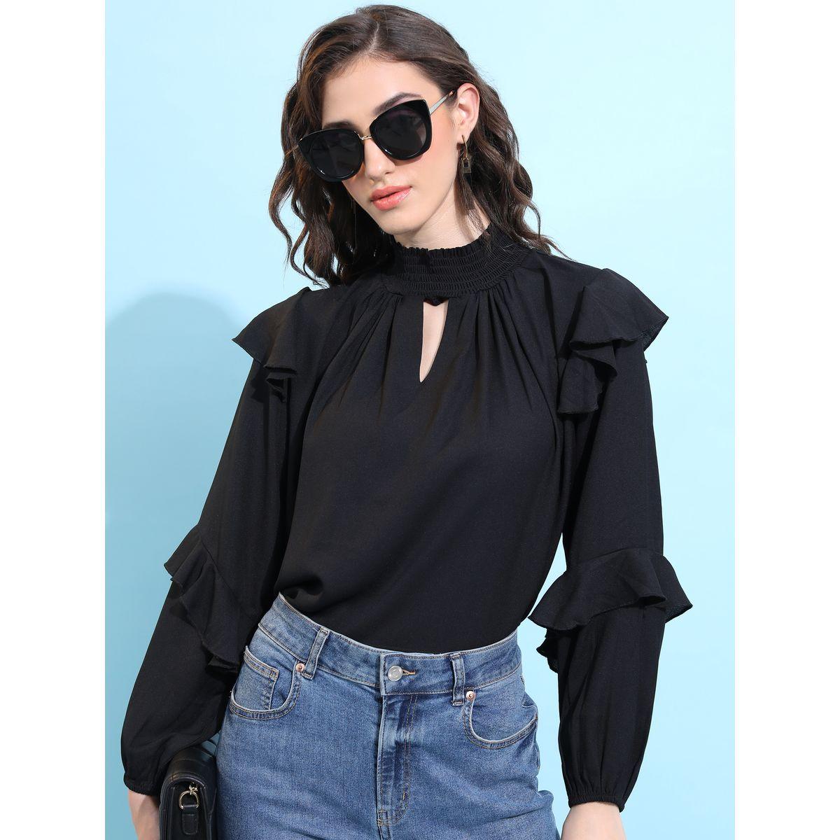 بلوزة سادة مع ياقة بشق واكمام كشكش طوكيو توكيز × ستايلي-women-clothing-shirtsandblouses-blouses-image-1