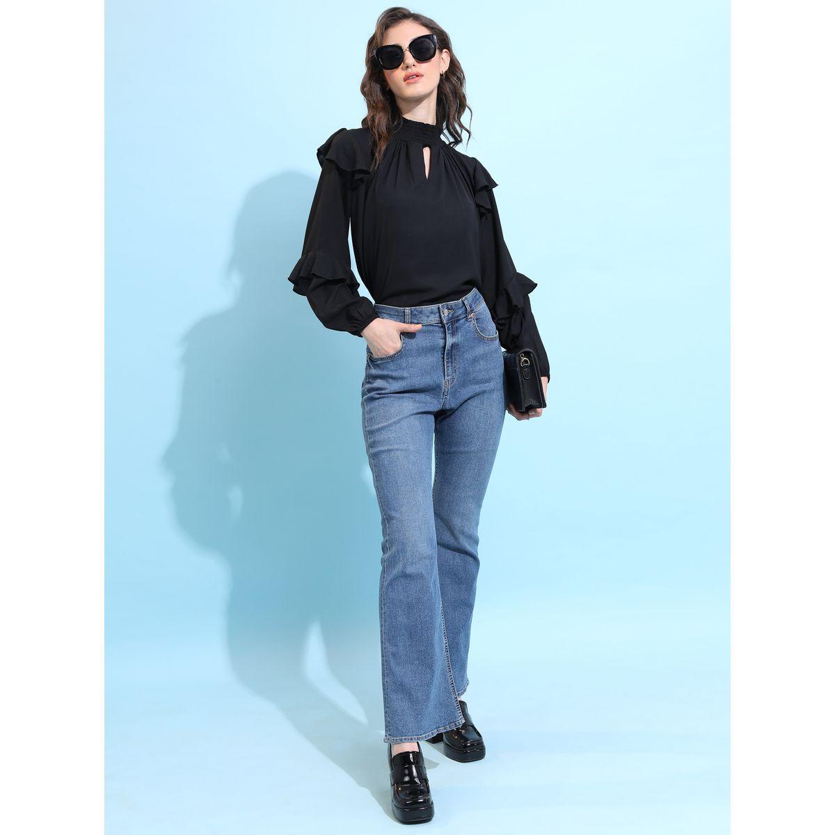 Tokyo Talkies X Styli  Solid Keyhole Neck Top with Ruffle Sleeve-women-clothing-shirtsandblouses-blouses-image-2