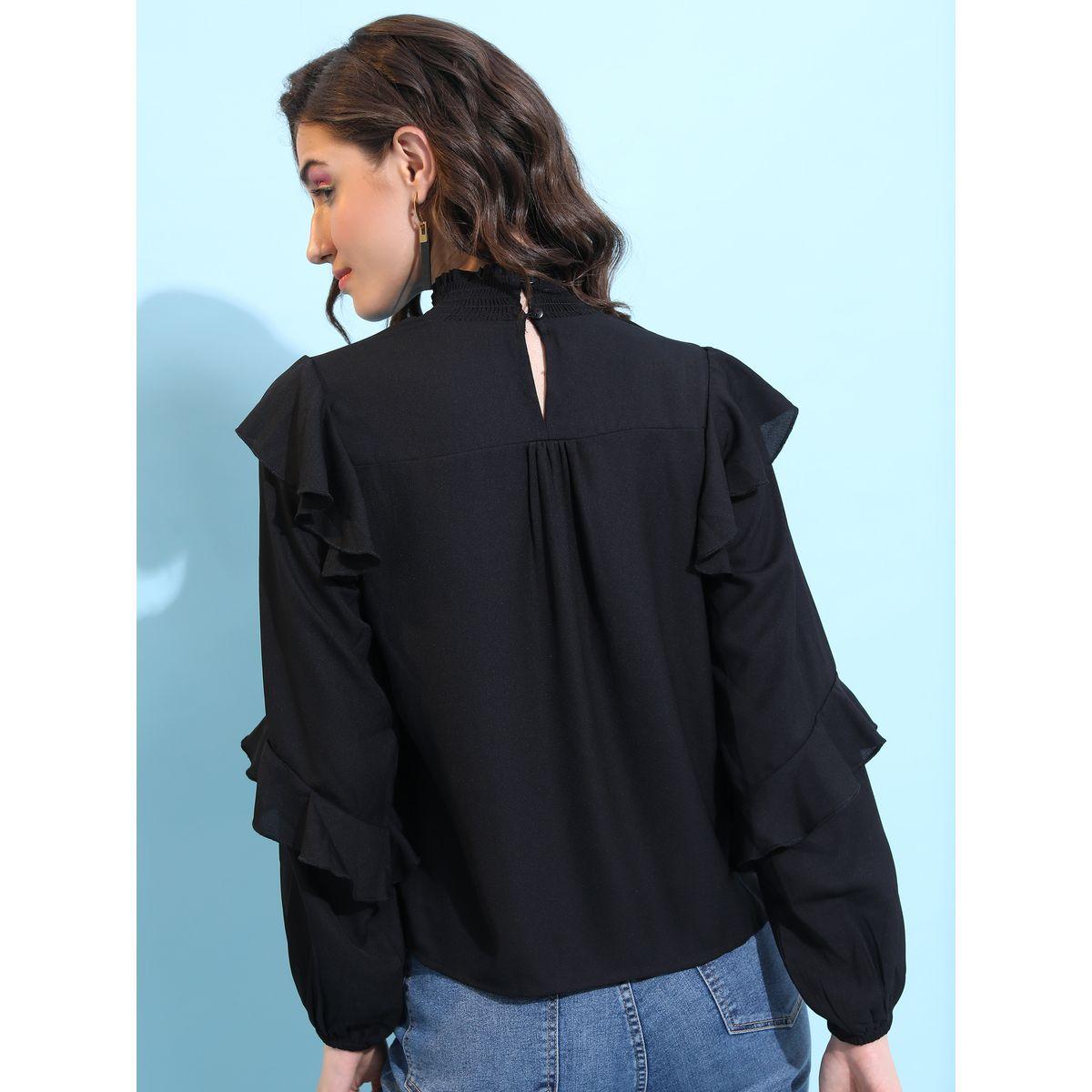 Tokyo Talkies X Styli  Solid Keyhole Neck Top with Ruffle Sleeve-women-clothing-shirtsandblouses-blouses-image-3