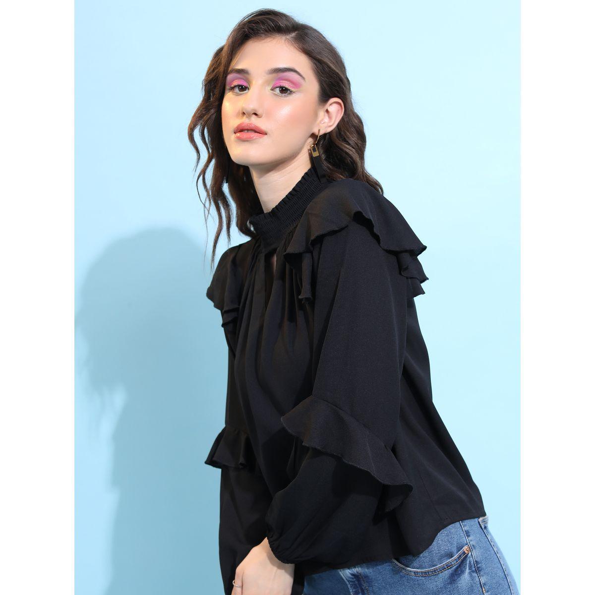 Tokyo Talkies X Styli  Solid Keyhole Neck Top with Ruffle Sleeve-women-clothing-shirtsandblouses-blouses-image-4