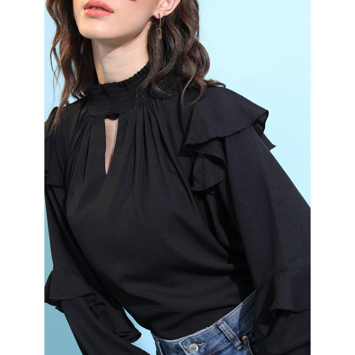 بلوزة سادة مع ياقة بشق واكمام كشكش طوكيو توكيز × ستايلي-women-clothing-shirtsandblouses-blouses-image-5