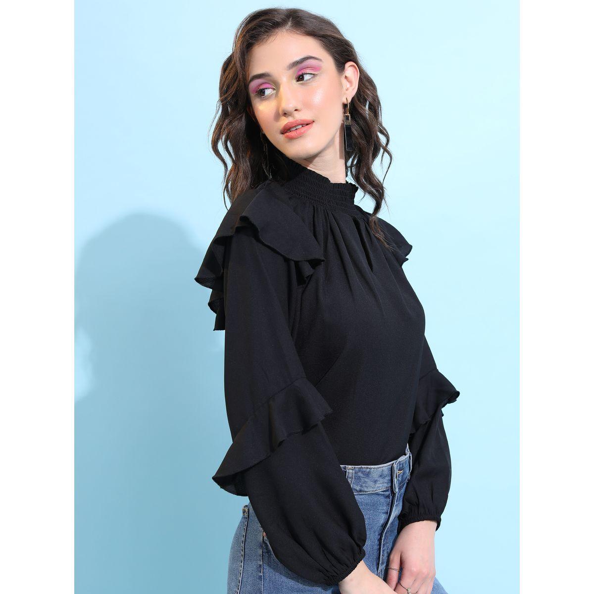 Tokyo Talkies X Styli  Solid Keyhole Neck Top with Ruffle Sleeve-women-clothing-shirtsandblouses-blouses-image-6