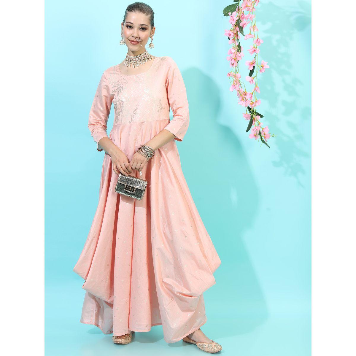 Vishudh X Styli   Foil Print A-Line Maxi Dress with Box Pleats-women-clothing-ethnicwear-dresses-image-1