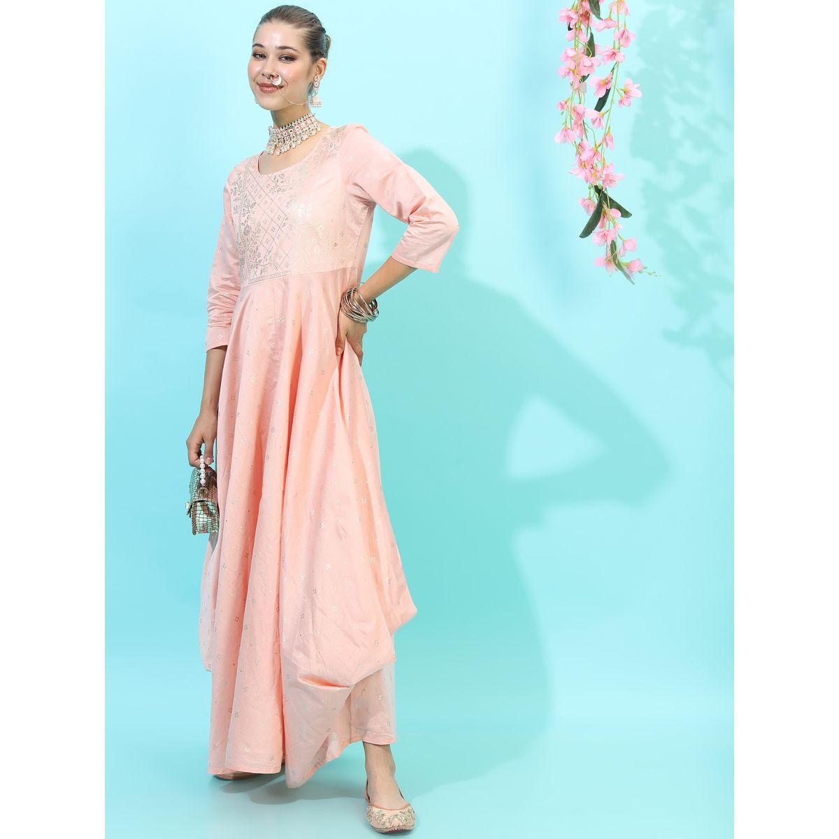 فستان طويل مطبع بطبعة فويل مع كسرات فيشود × ستايلي-women-clothing-ethnicwear-dresses-image-2