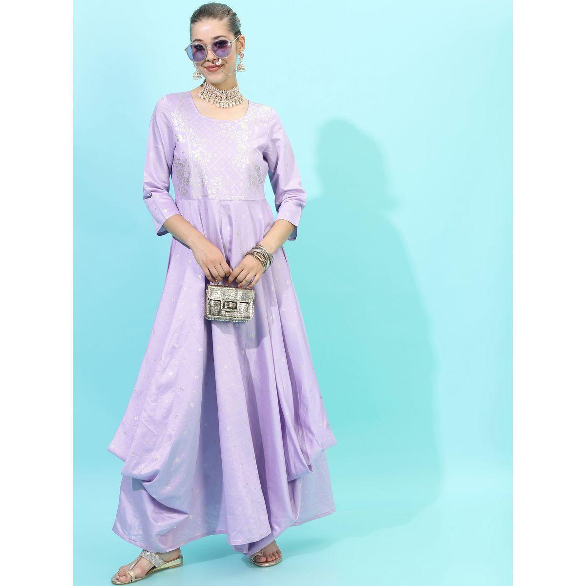 Vishudh X Styli  Foil Print A-Line Maxi Dress with Box Pleats-women-clothing-ethnicwear-dresses-image-5