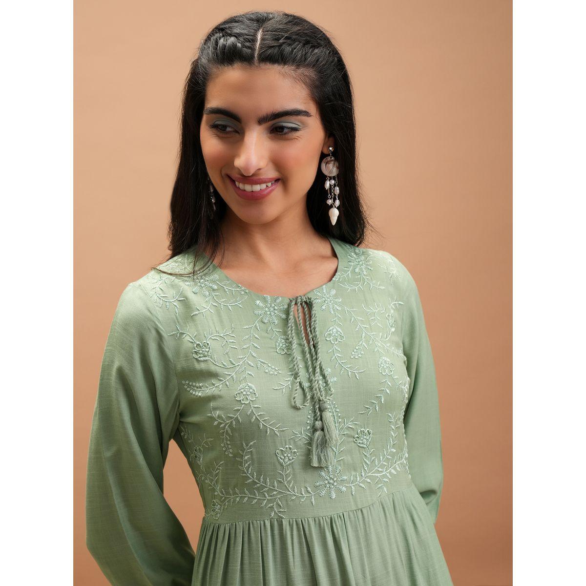 Vishudh X Styli  Embroidered Floral Tie-Up Neck Tiered Maxi Dress-women-clothing-dresses-image-2