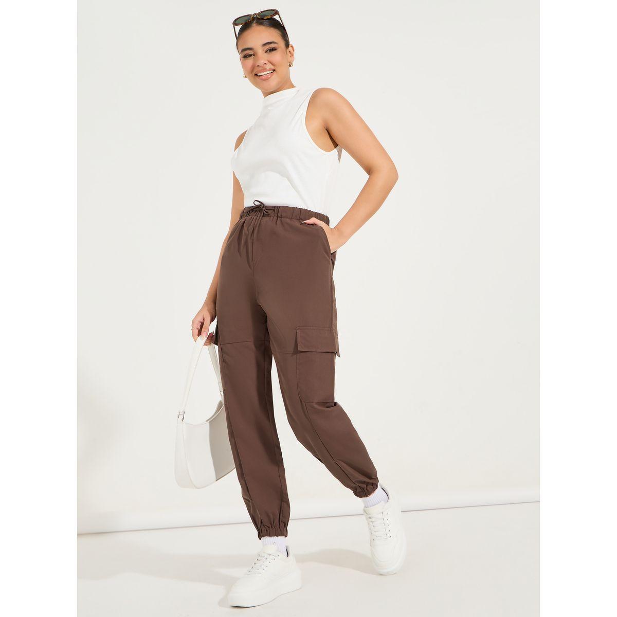 Styli Solid Cargo Pants with Tapered Hem & Elasticated Waistband-women-clothing-bottoms-trousers-image-1