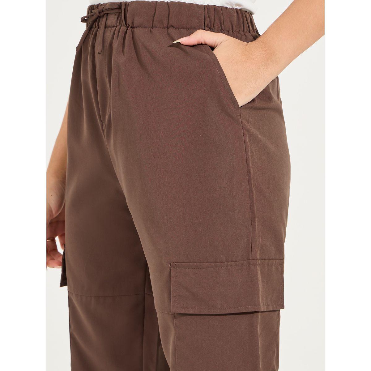 Styli Solid Cargo Pants with Tapered Hem & Elasticated Waistband-women-clothing-bottoms-trousers-image-3