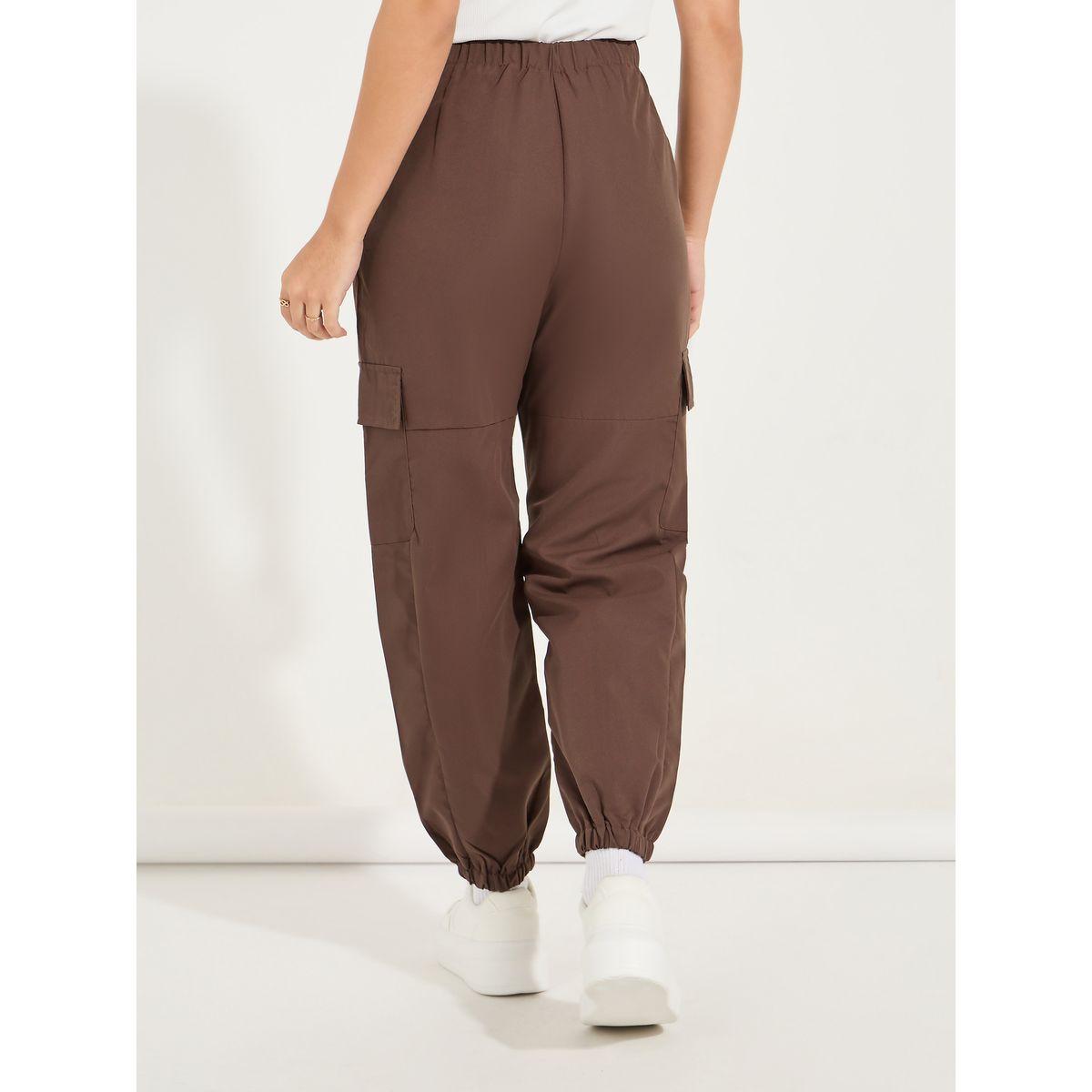 Styli Solid Cargo Pants with Tapered Hem & Elasticated Waistband-women-clothing-bottoms-trousers-image-4