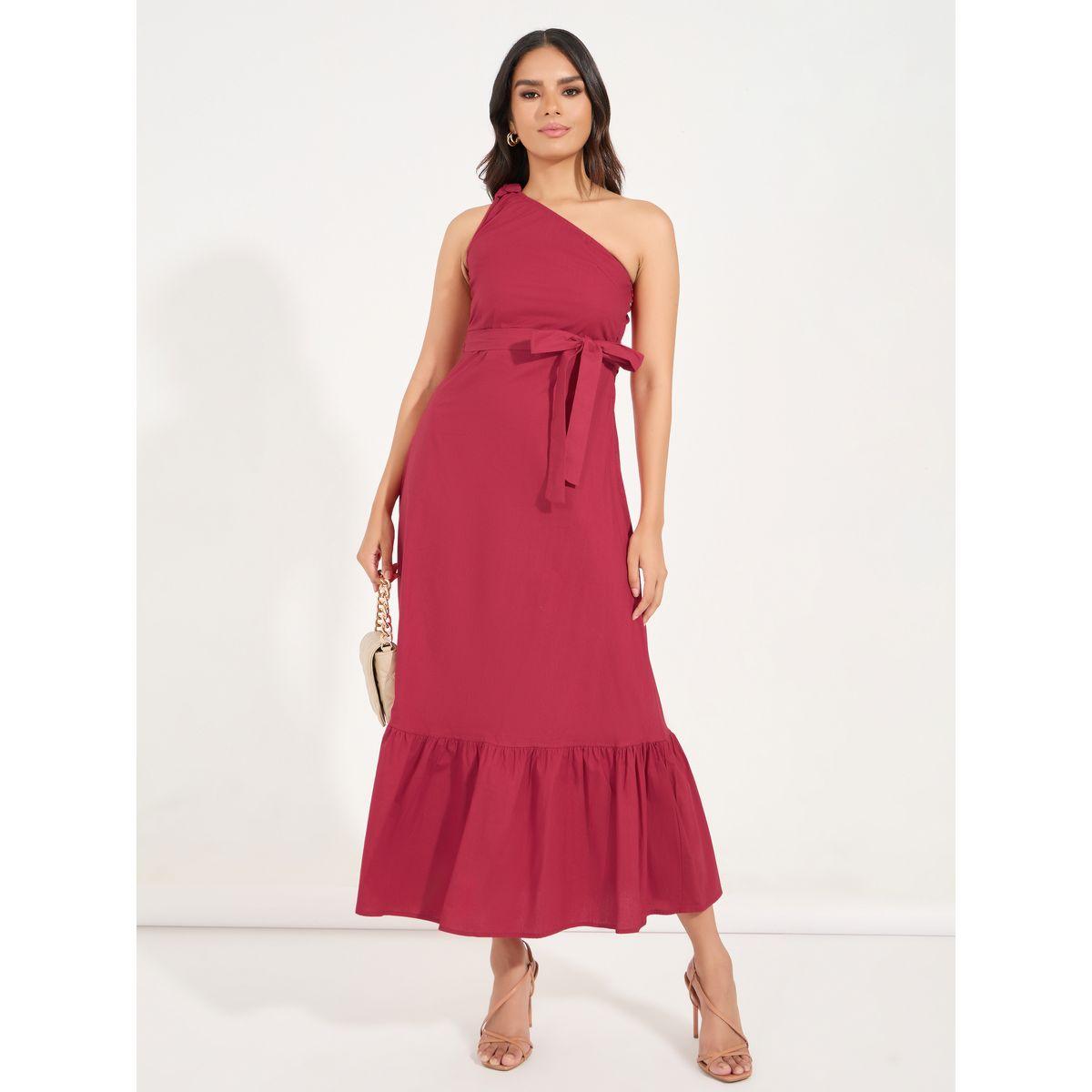 فستان طويل سادة بكتف واحد ورباط خصر-women-clothing-dresses-image-1