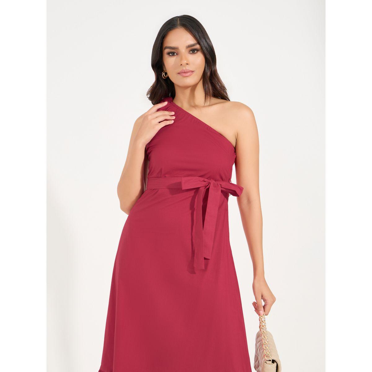 فستان طويل سادة بكتف واحد ورباط خصر-women-clothing-dresses-image-2