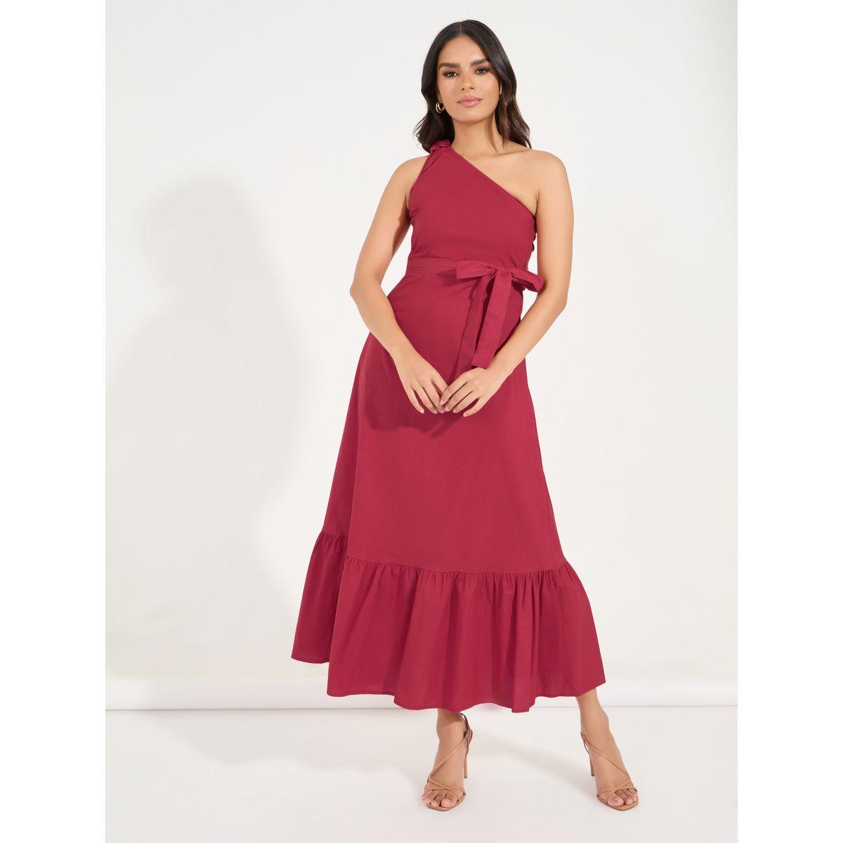 فستان طويل سادة بكتف واحد ورباط خصر-women-clothing-dresses-image-4