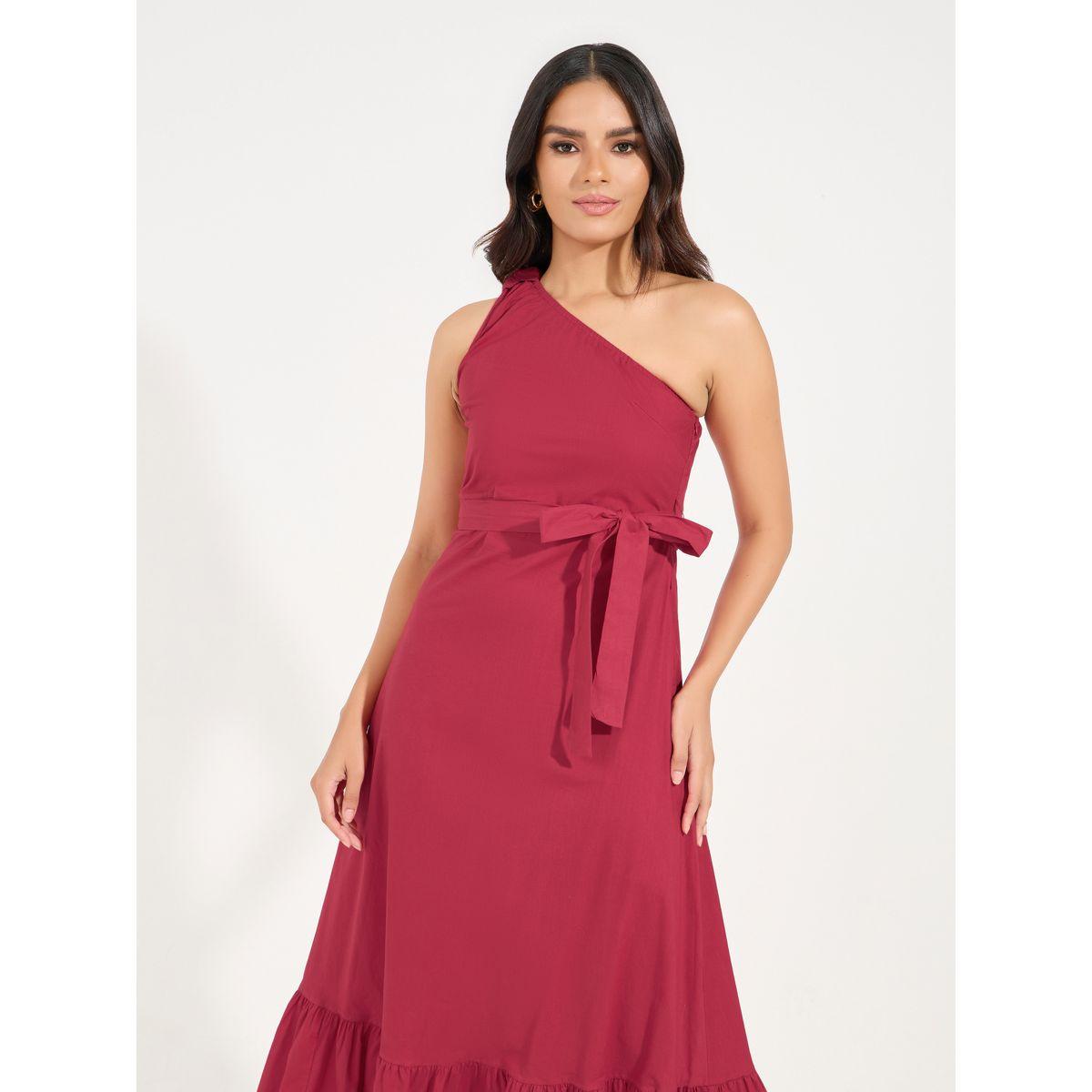 فستان طويل سادة بكتف واحد ورباط خصر-women-clothing-dresses-image-5