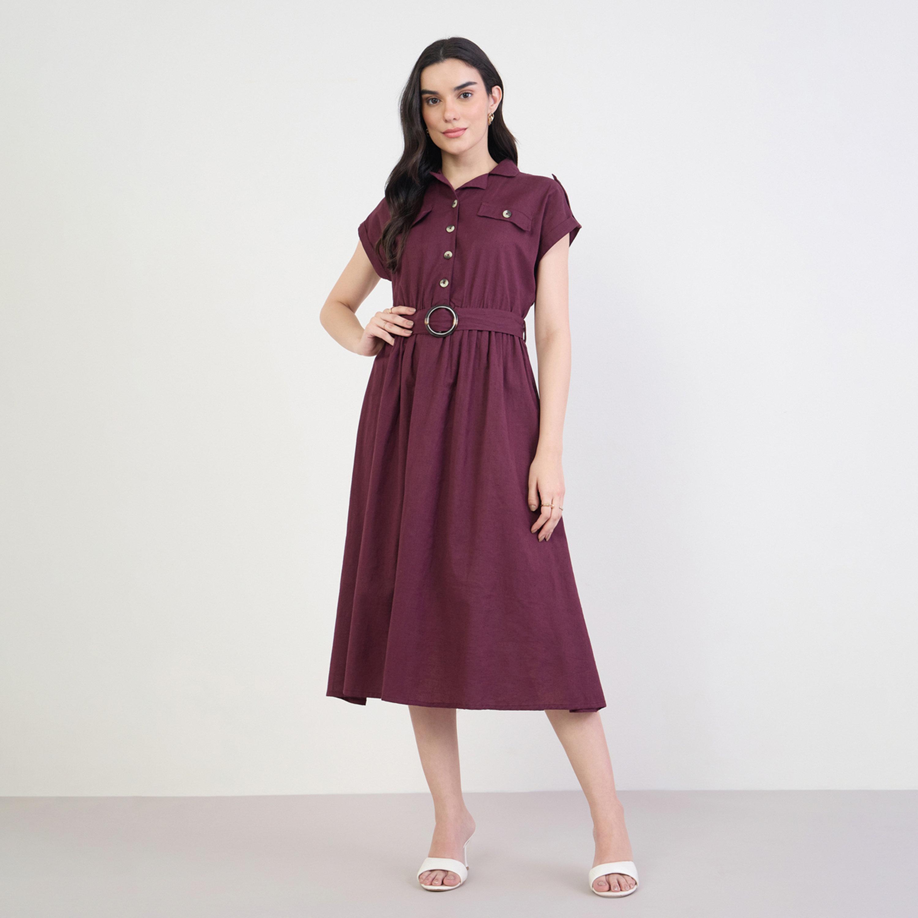 Styli Burgundy Belted Cotton Midi Dress-women-clothing-dresses-image-1