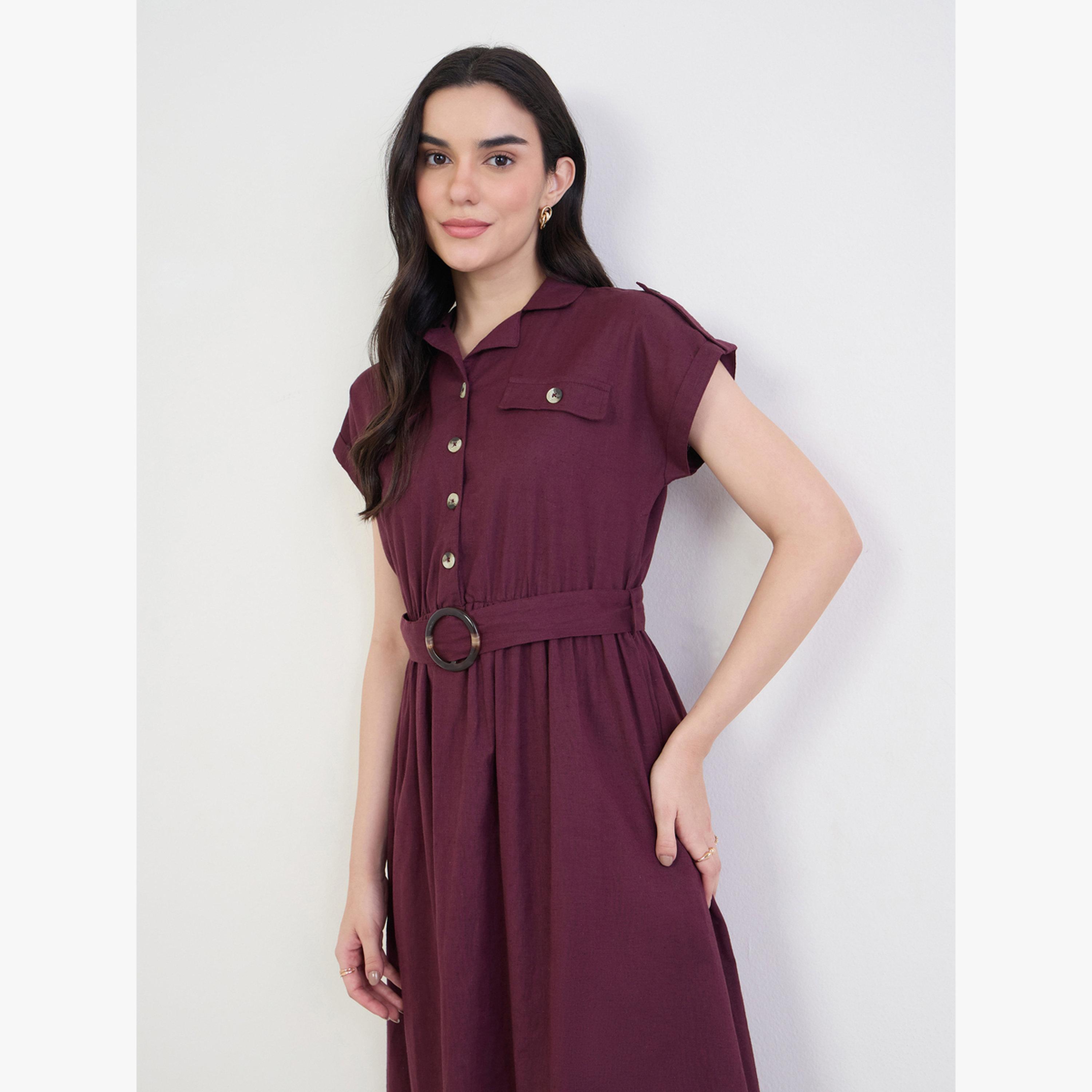 فستان ميدي قطن بحزام برغندي-women-clothing-dresses-image-2
