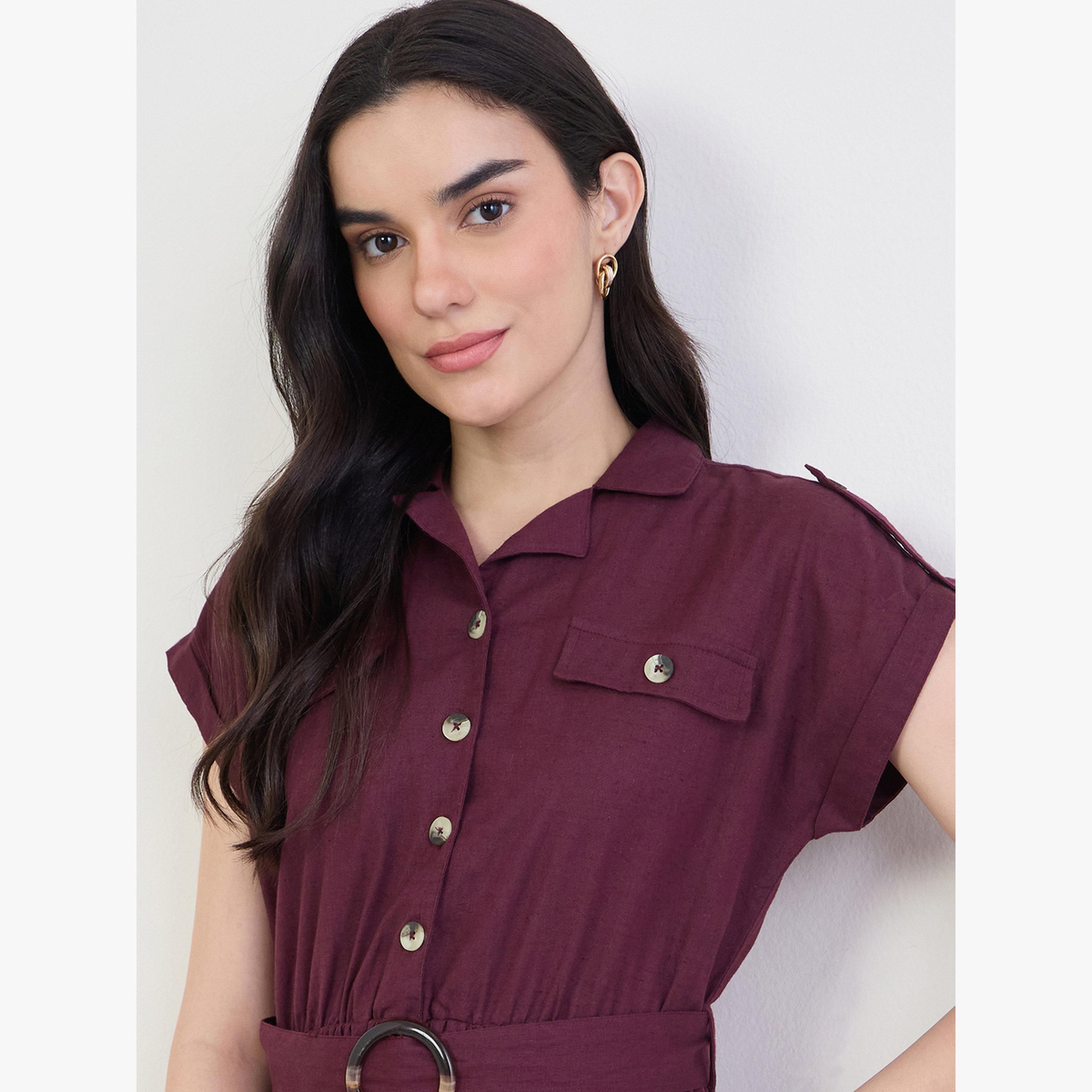 Styli Burgundy Belted Cotton Midi Dress-women-clothing-dresses-image-3