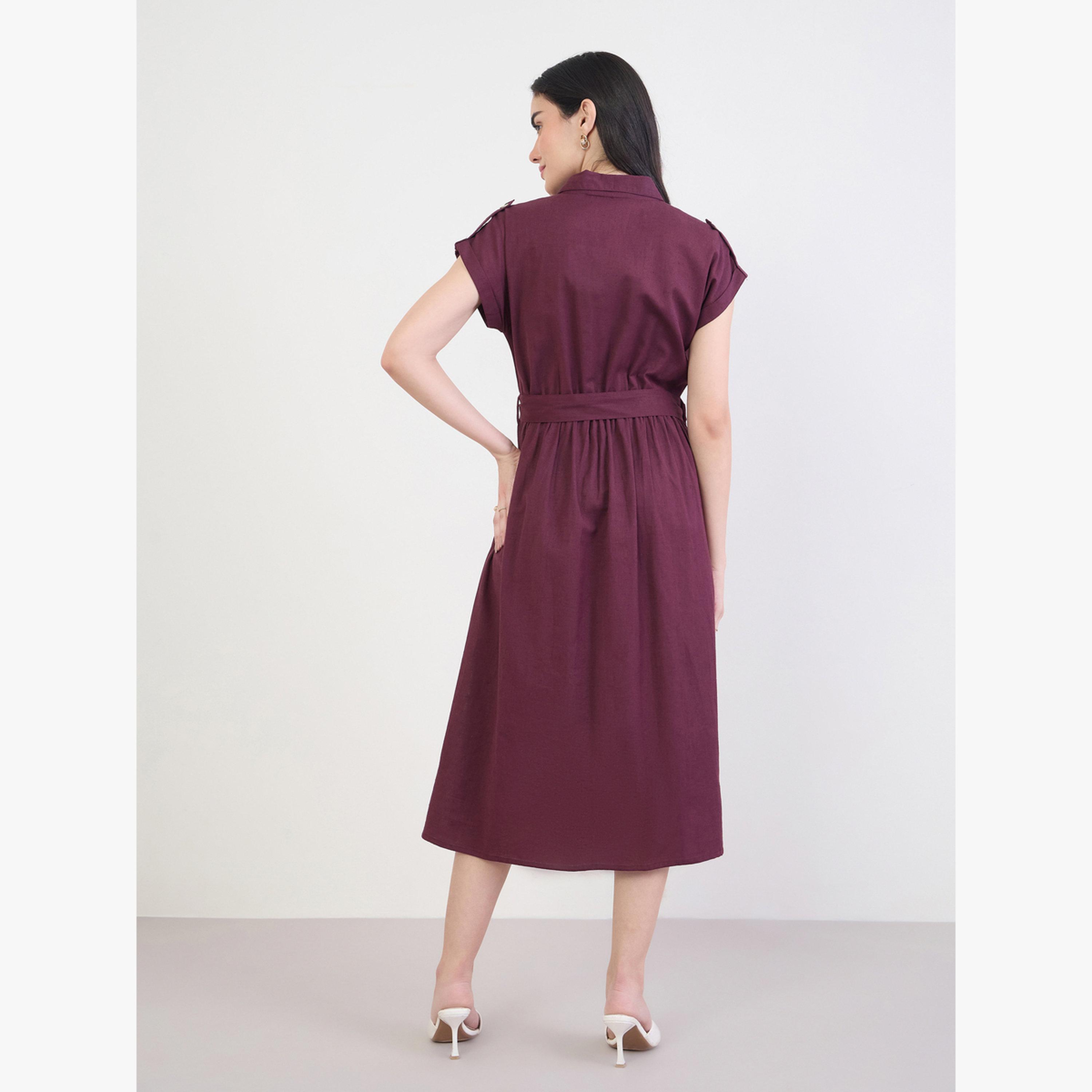 فستان ميدي قطن بحزام برغندي-women-clothing-dresses-image-4