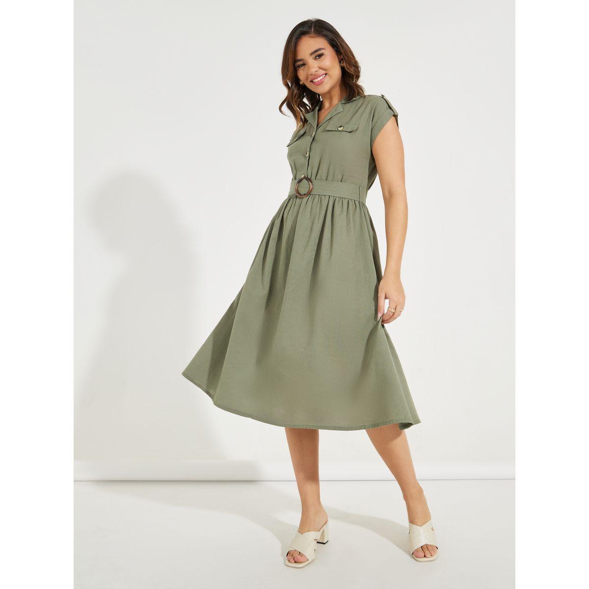 فستان ميدي سادة بأكمام ملفوفة مع حزام-women-clothing-dresses-image-1