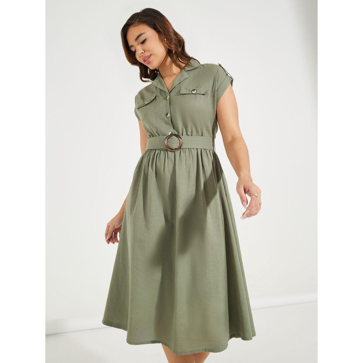 Styli Elevate Notch Collar A-Line Midi Dress with Belt-women-clothing-dresses-image-2
