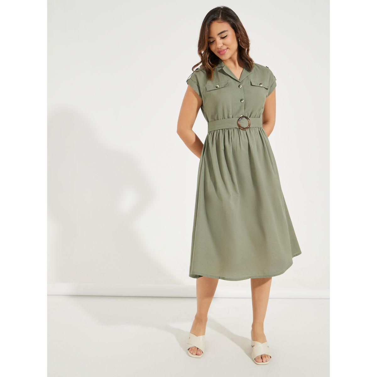 Styli Elevate Notch Collar A-Line Midi Dress with Belt-women-clothing-dresses-image-4