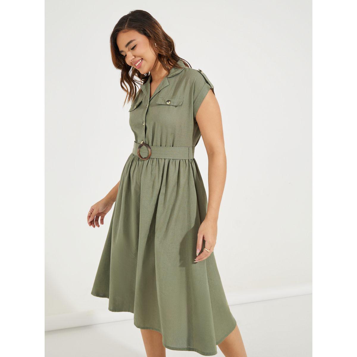Styli Elevate Notch Collar A-Line Midi Dress with Belt-women-clothing-dresses-image-5