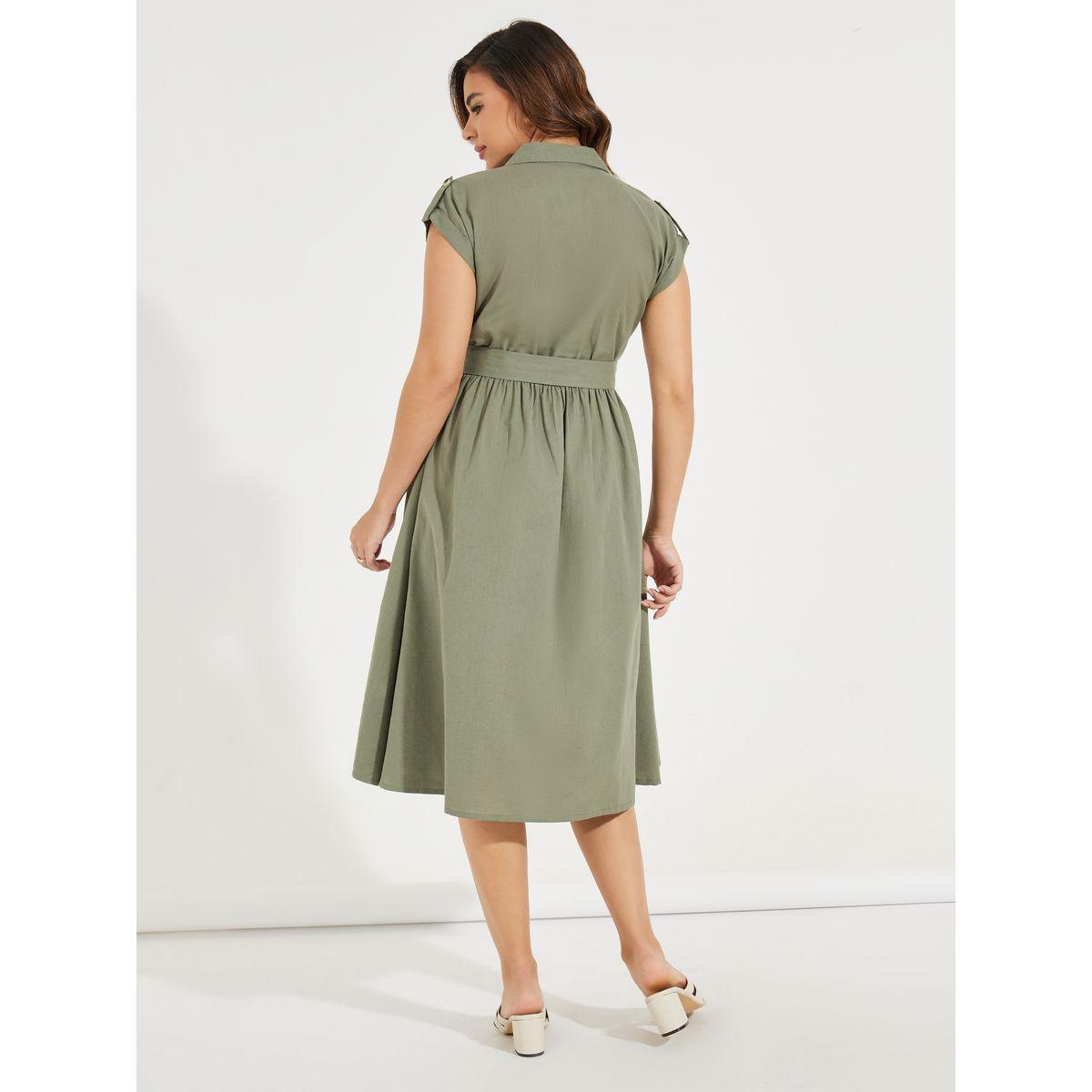 Styli Elevate Notch Collar A-Line Midi Dress with Belt-women-clothing-dresses-image-6