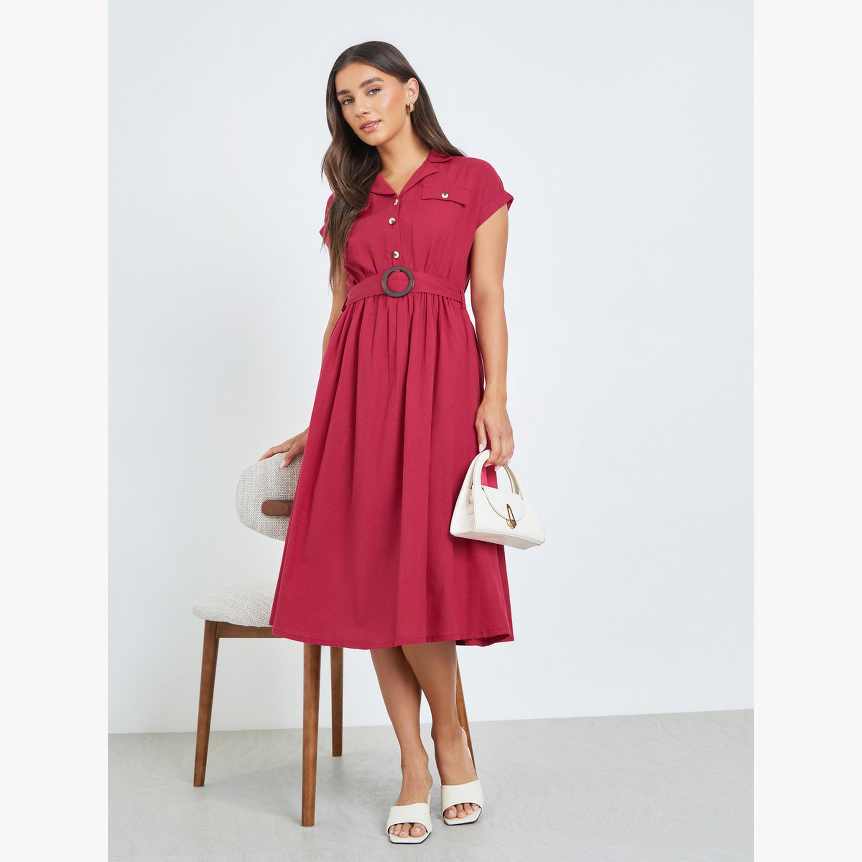 فستان ميدي قطن بحزام-women-clothing-dresses-image-1