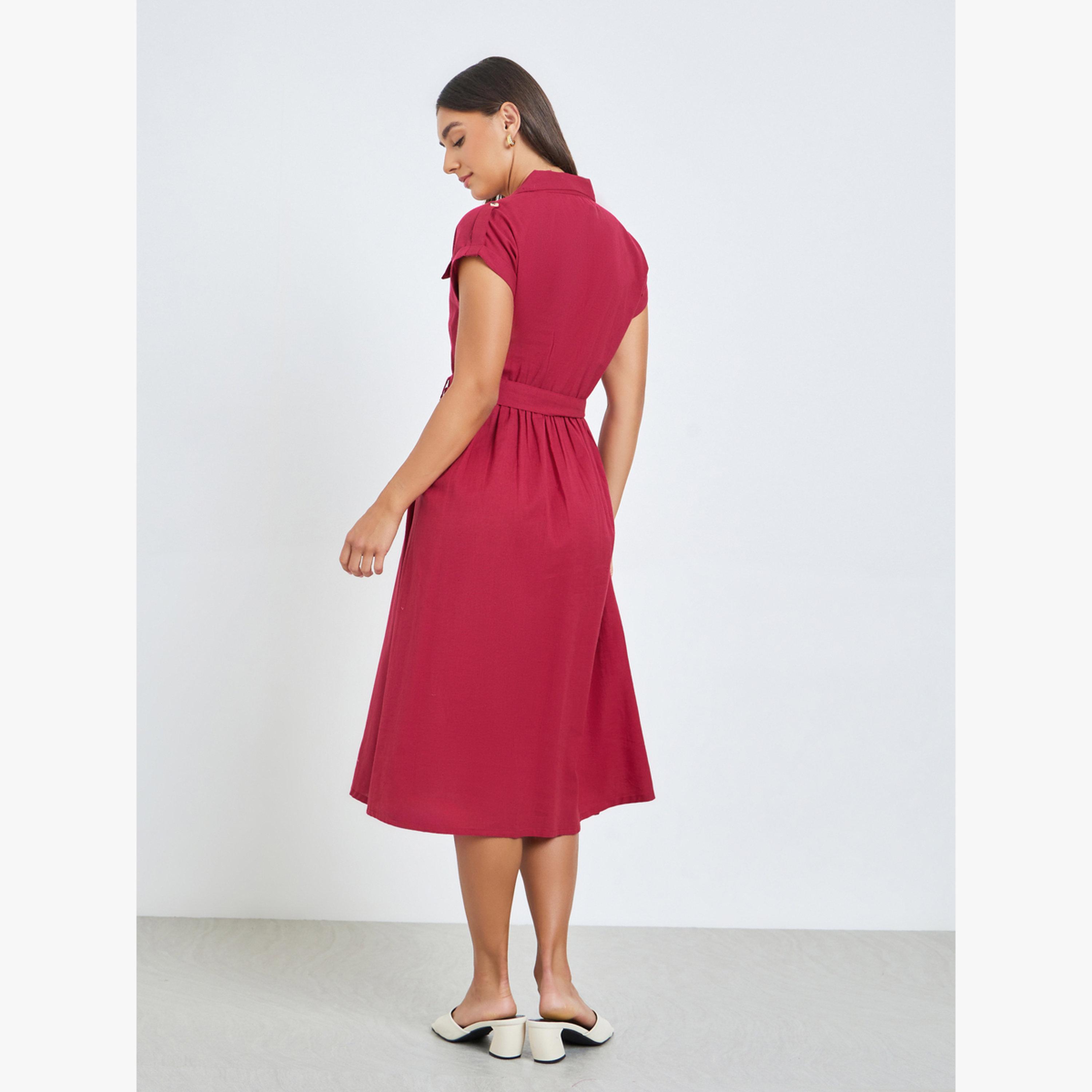 Styli Red Belted Cotton Midi Dress-women-clothing-dresses-image-4