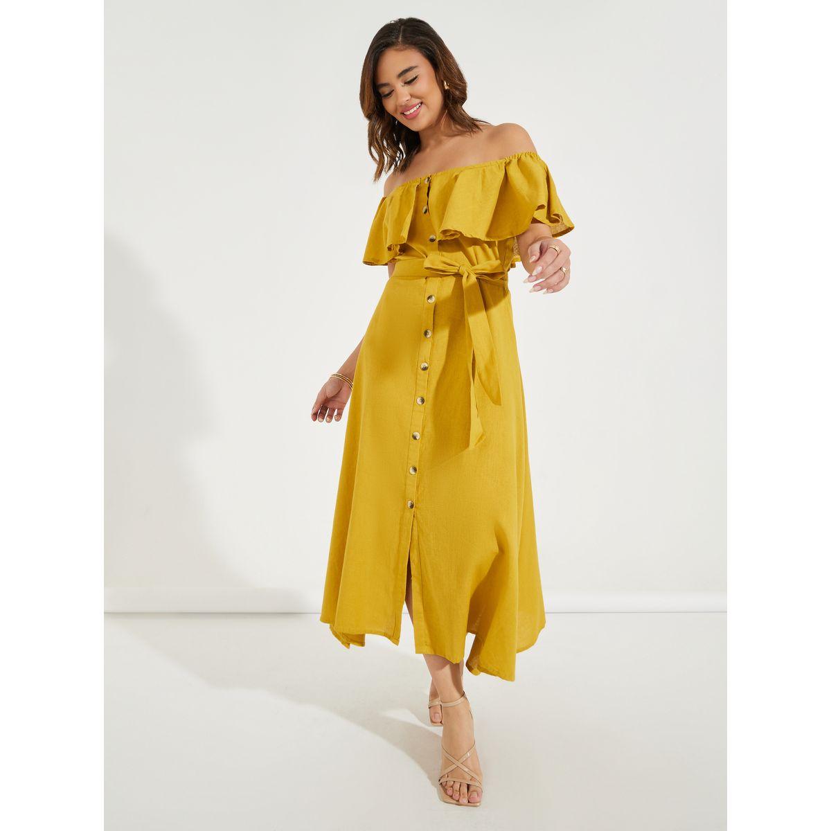 فستان بأكتاف مكشوفة وكشكش مع حزام خصر-women-clothing-dresses-image-4