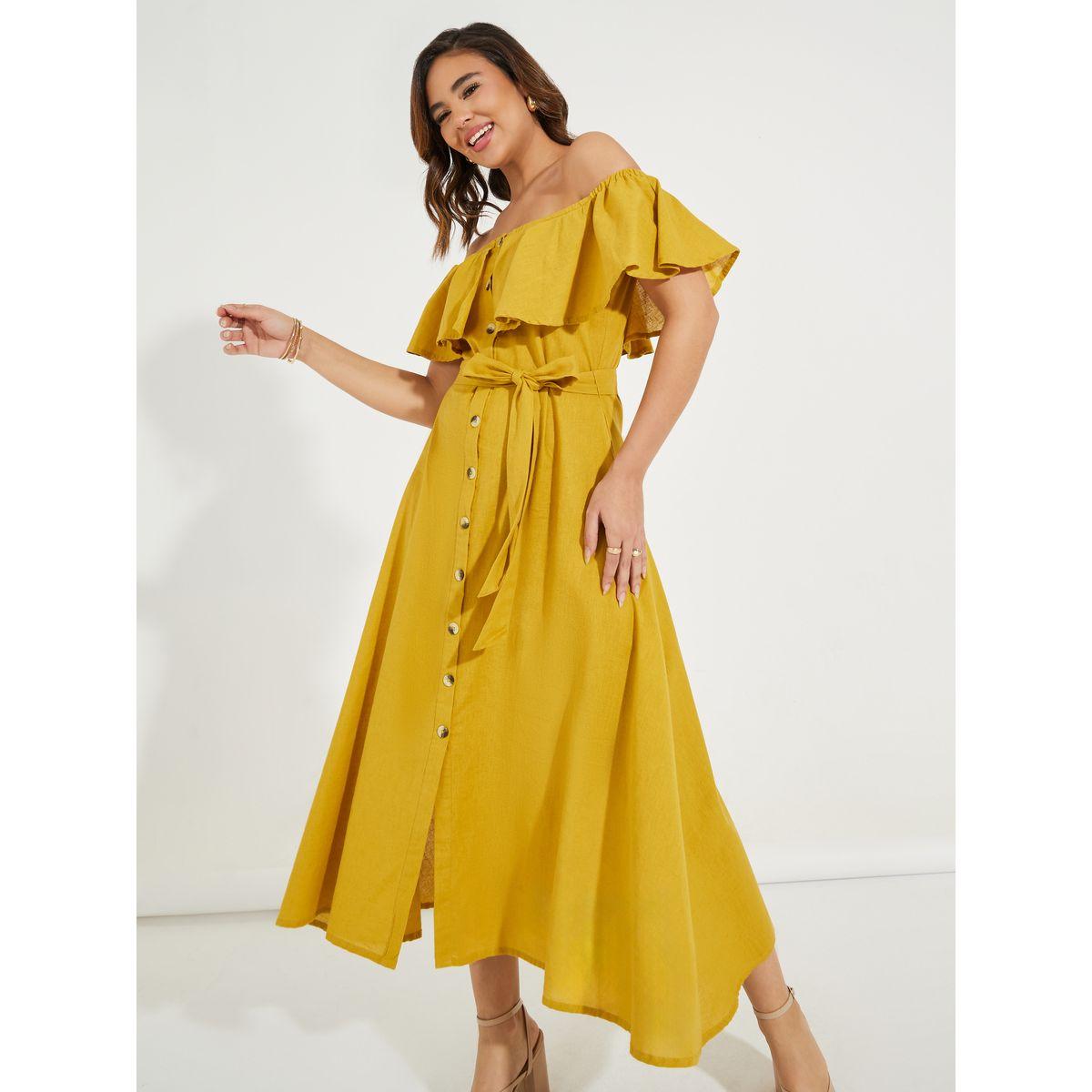 Styli Elevate Frill Off Shoulder A-Line Maxi Dress with Tie Belt-women-clothing-dresses-image-5