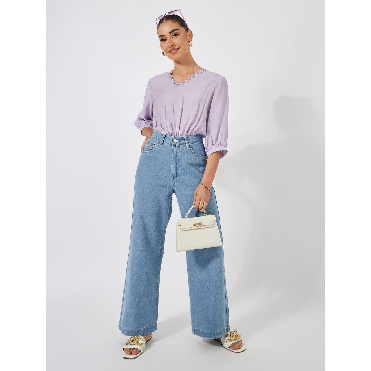 Styli Solid V-Neck Bodysuit with Balloon Sleeve-women-clothing-shirtsandblouses-blouses-image-2
