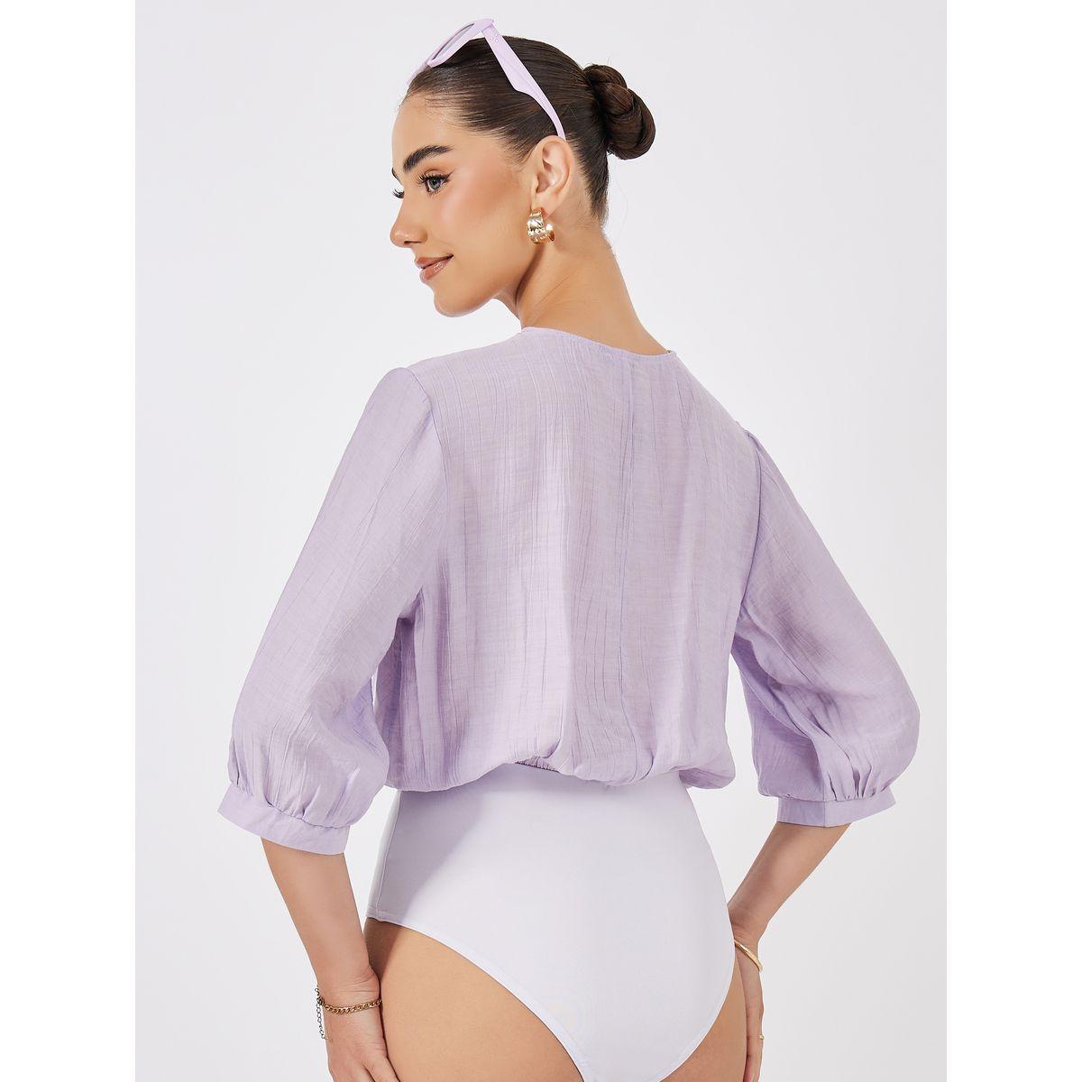 Styli Solid V-Neck Bodysuit with Balloon Sleeve-women-clothing-shirtsandblouses-blouses-image-5