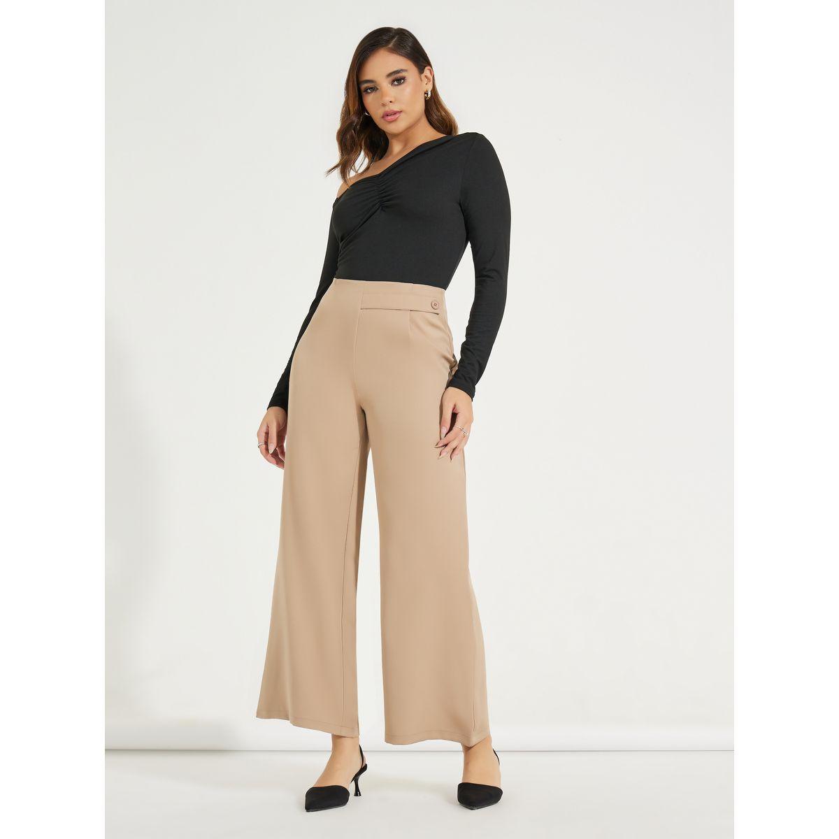 Styli Wide Leg Ankle Length Trousers with Waist Latch Detailing-women-clothing-bottoms-trousers-image-1