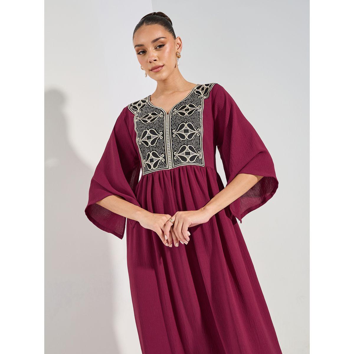 Styli Embroidered Yoke Jalabiya with Flute Sleeve-women-arabicclothing-jalabiyas-image-2