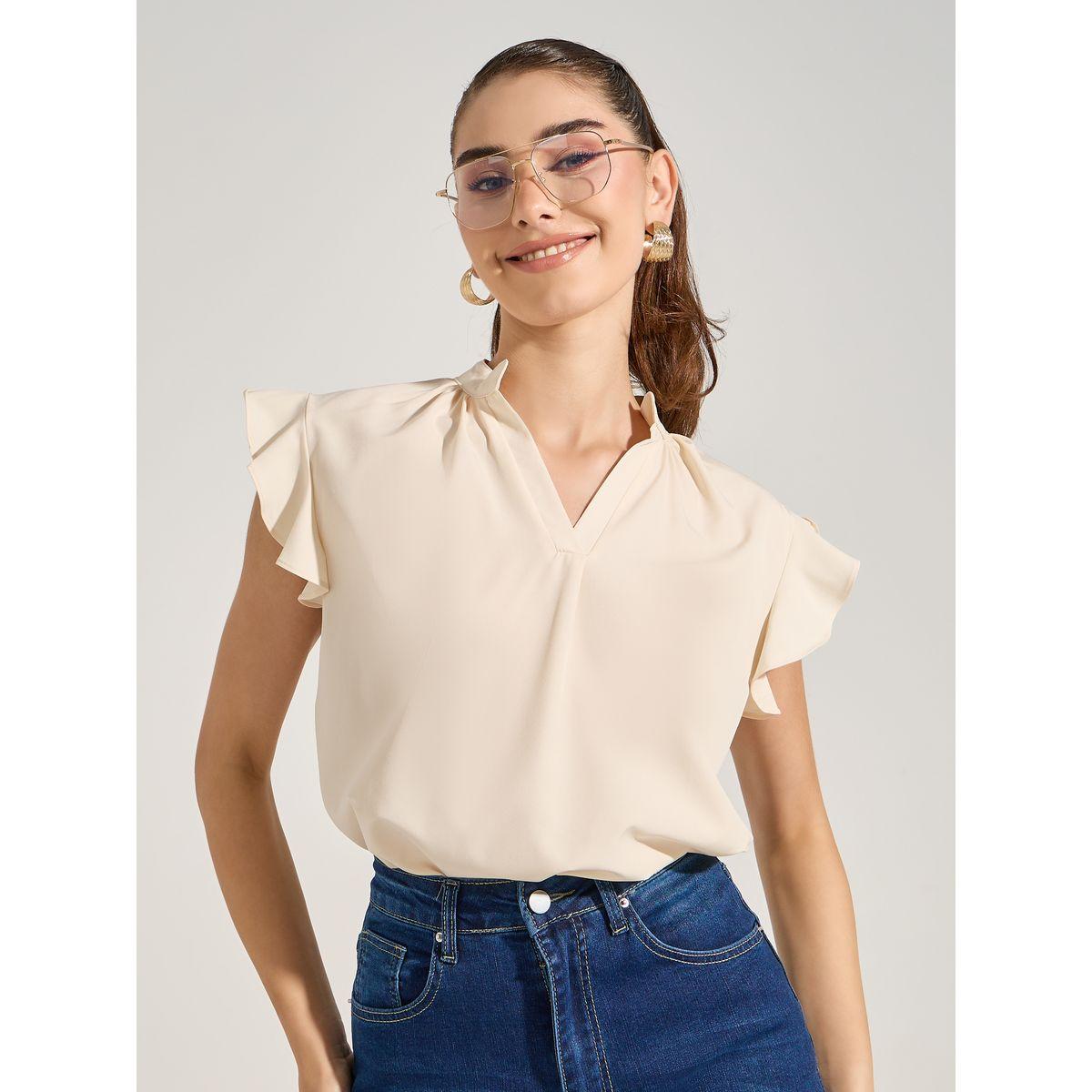 بلوزة سادة مع اكمام قصيرة بكشكش-women-clothing-shirtsandblouses-blouses-image-1