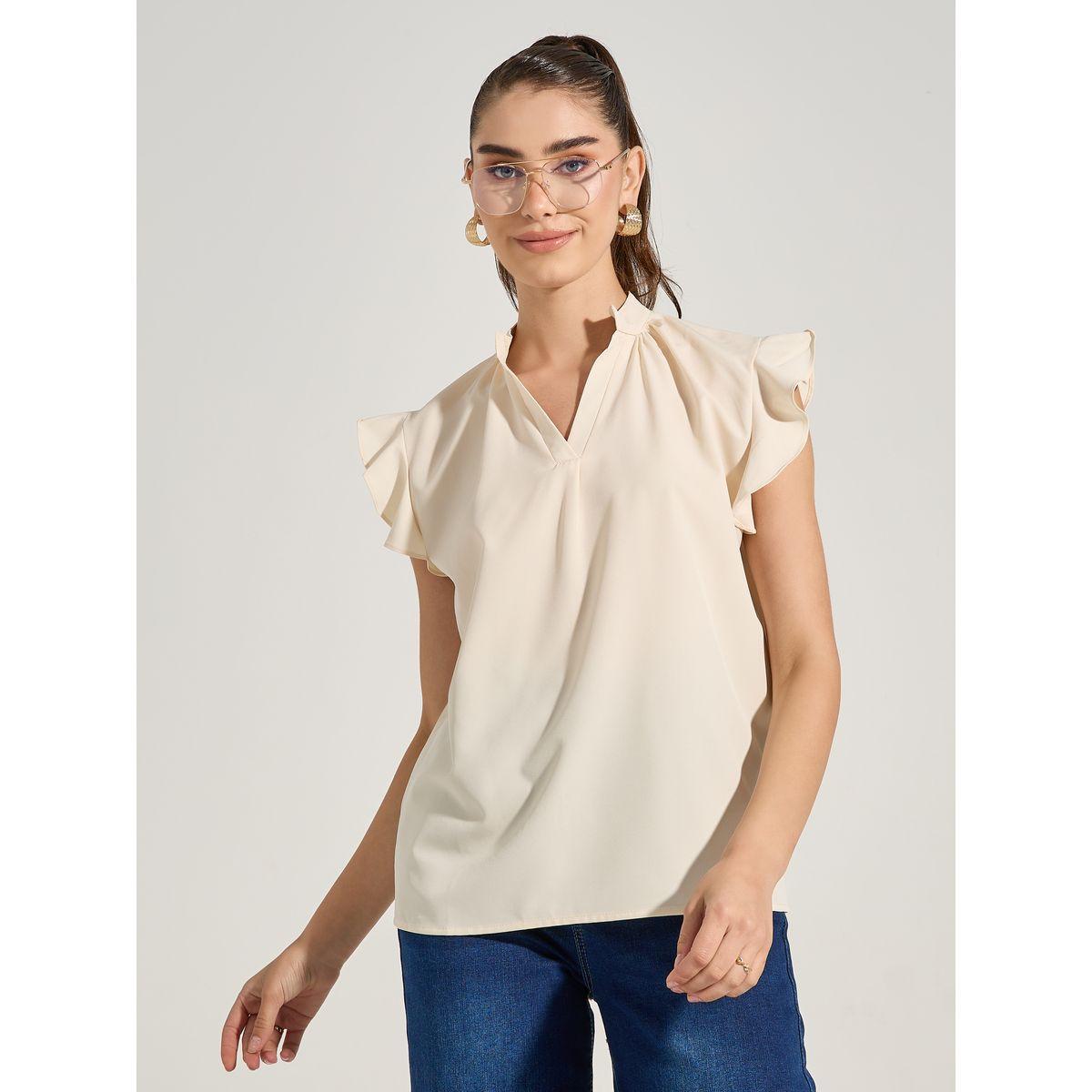 Styli Solid V Neck Frill Trim Blouse-women-clothing-shirtsandblouses-blouses-image-3