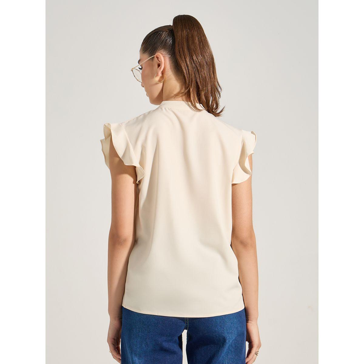 Styli Solid V Neck Frill Trim Blouse-women-clothing-shirtsandblouses-blouses-image-5