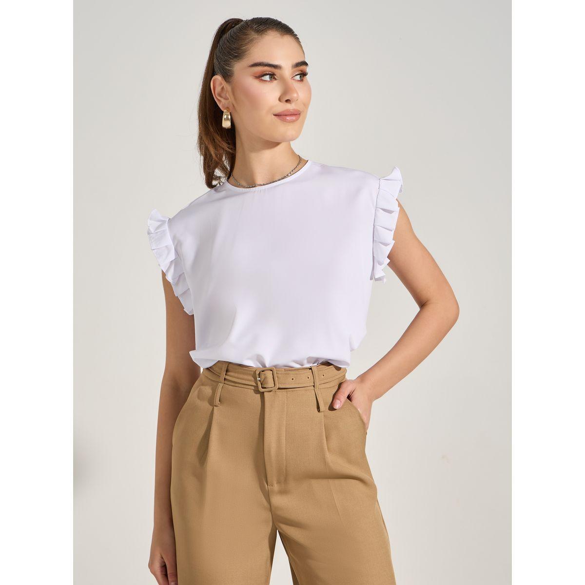 Styli Solid Ruffle Trim Blouse-women-clothing-shirtsandblouses-blouses-image-1