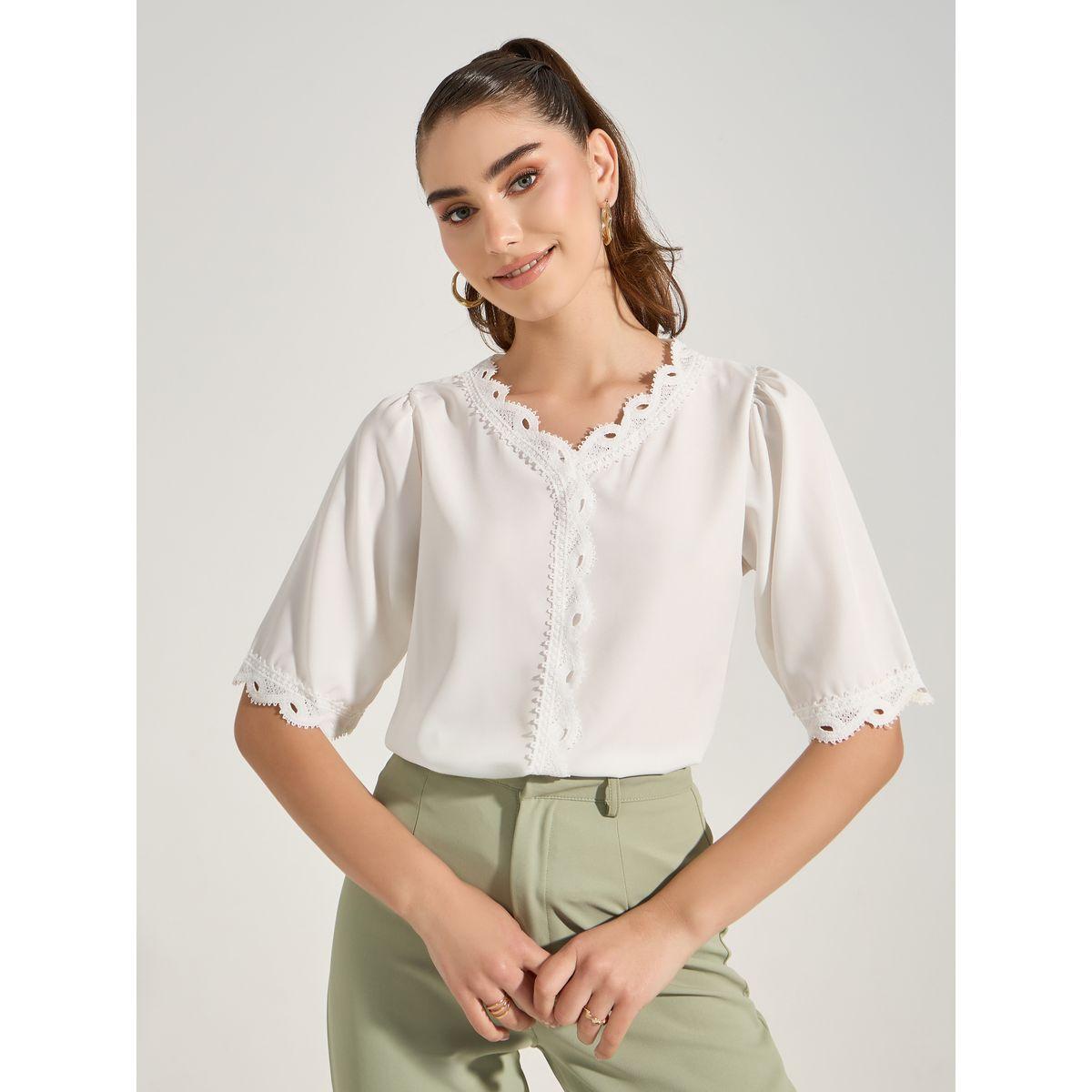 Styli Lace Insert V Neck Blouse-women-clothing-shirtsandblouses-blouses-image-1