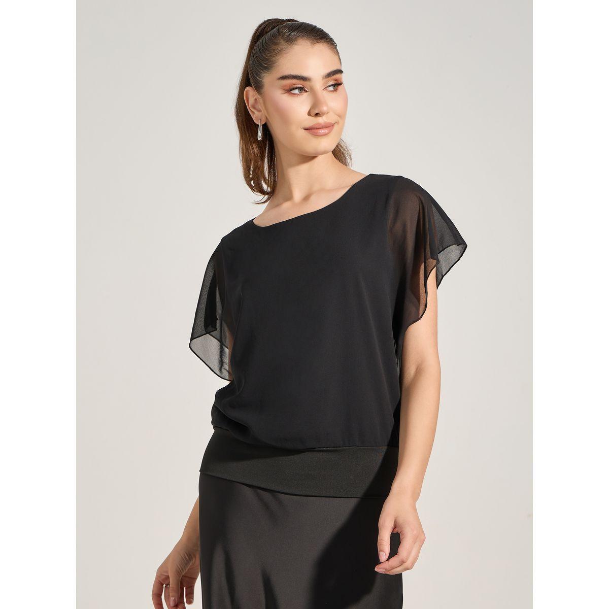 Styli Solid Chiffon Overlay Short Sleeves Blouse-women-clothing-shirtsandblouses-blouses-image-5