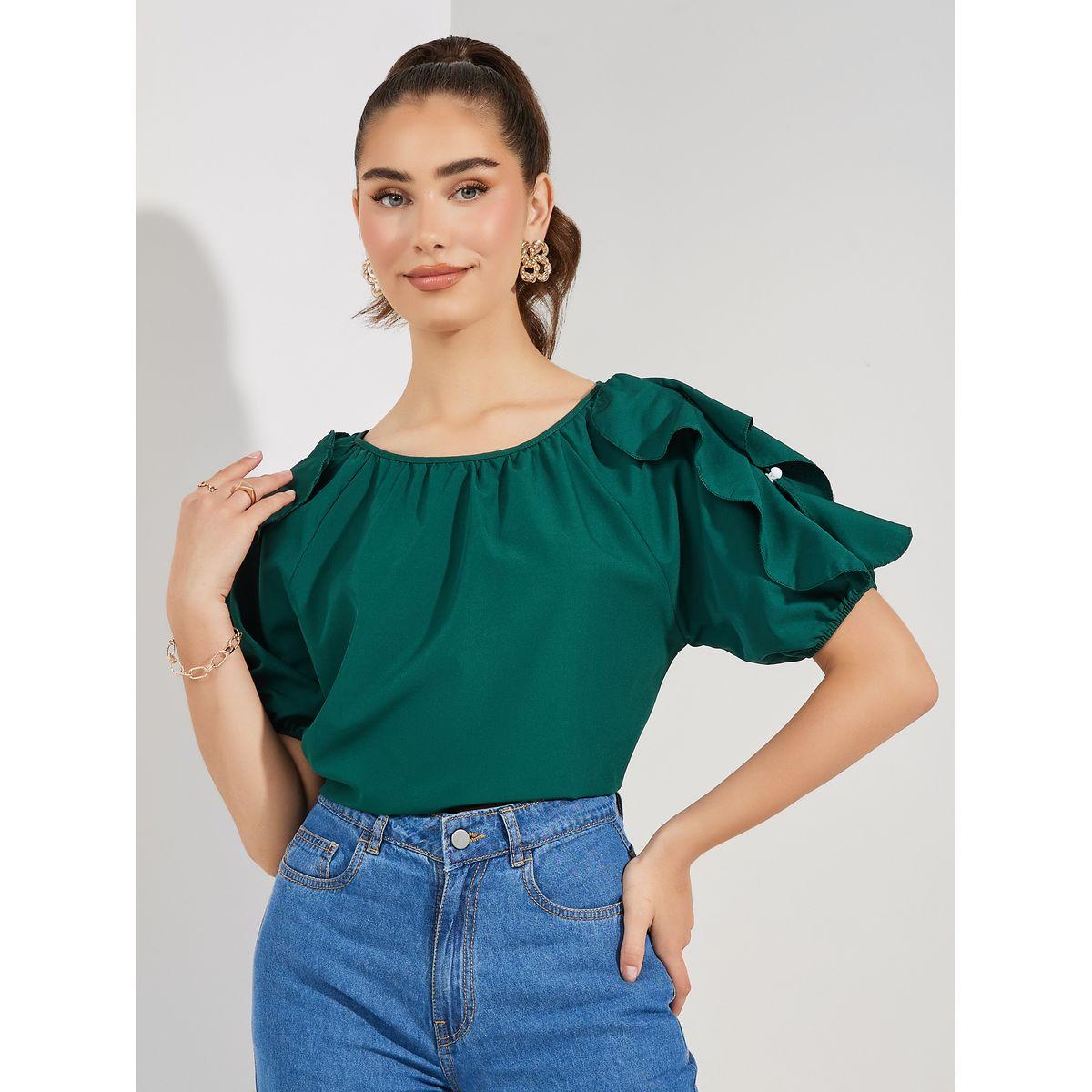 Styli Solid Ruffled Sleeves Blouse with Button-women-clothing-shirtsandblouses-blouses-image-1