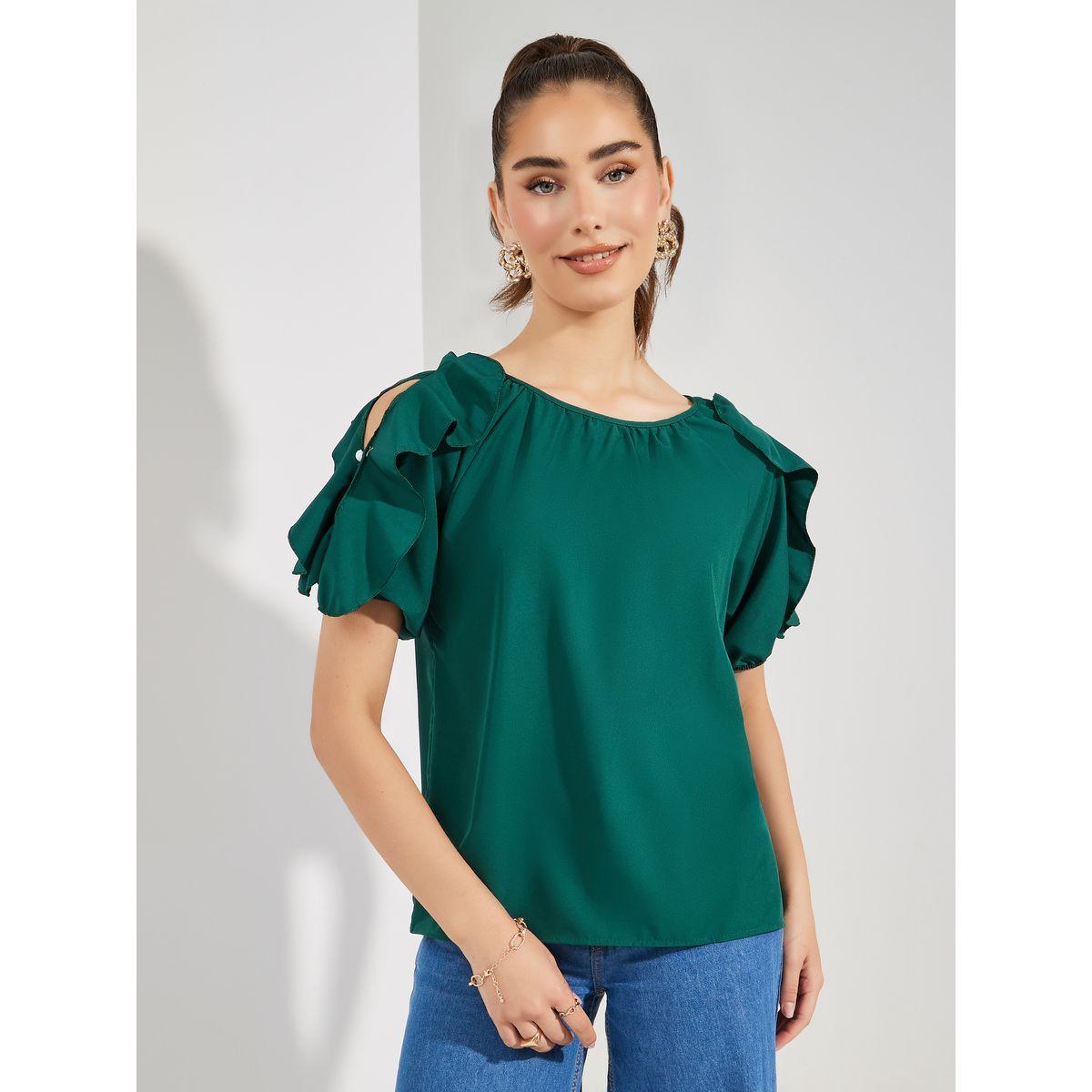 Styli Solid Ruffled Sleeves Blouse with Button-women-clothing-shirtsandblouses-blouses-image-2