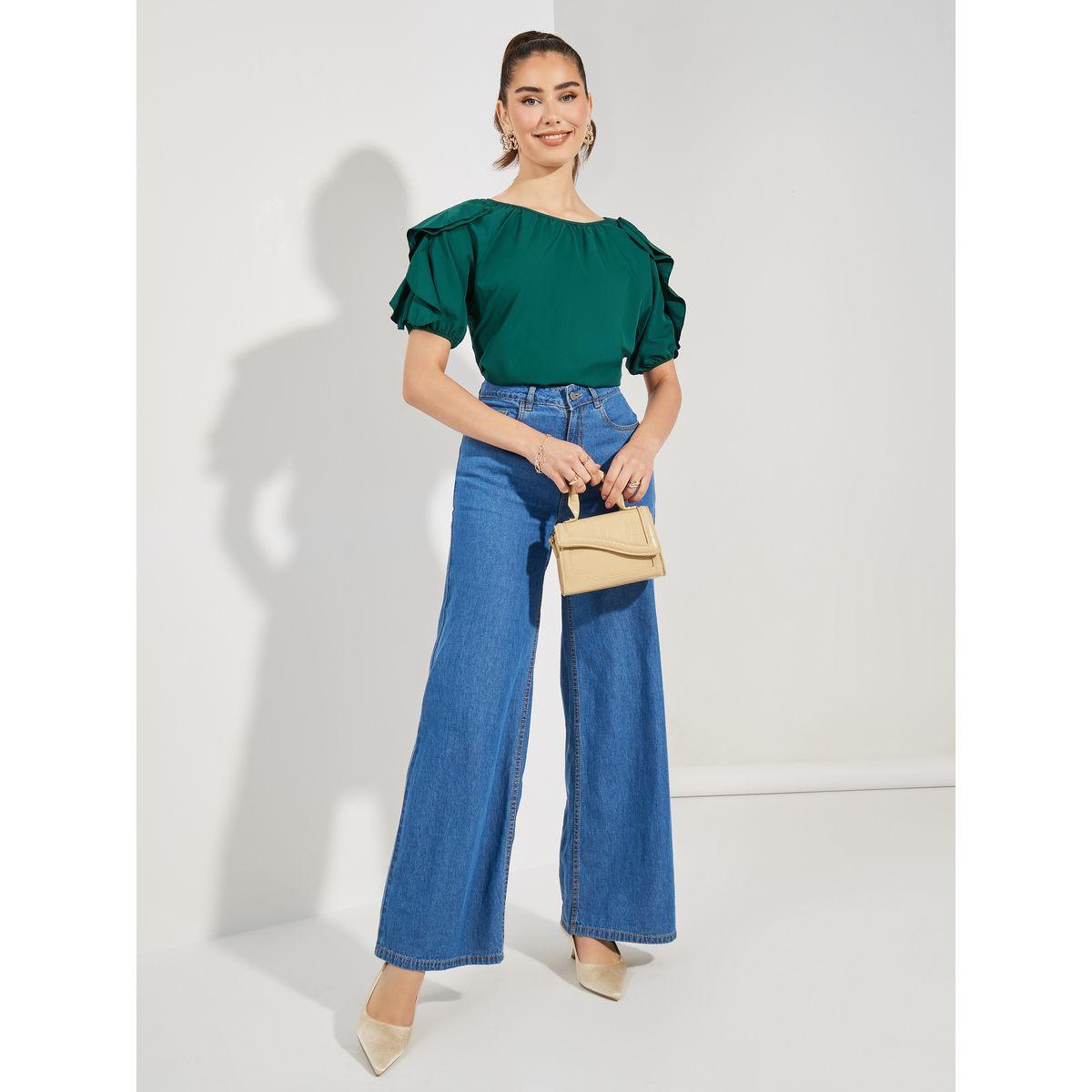 Styli Solid Ruffled Sleeves Blouse with Button-women-clothing-shirtsandblouses-blouses-image-3