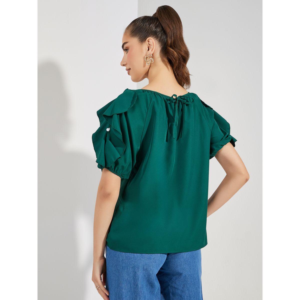 Styli Solid Ruffled Sleeves Blouse with Button-women-clothing-shirtsandblouses-blouses-image-5
