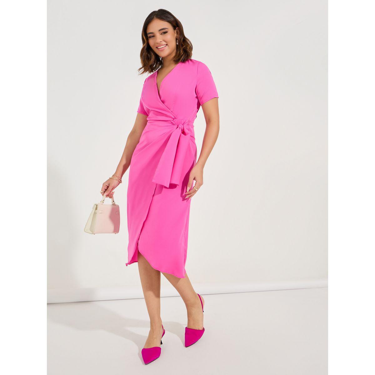 Luxewave X Styli  Solid V Neck Midi Wrap Dress-women-clothing-dresses-image-1